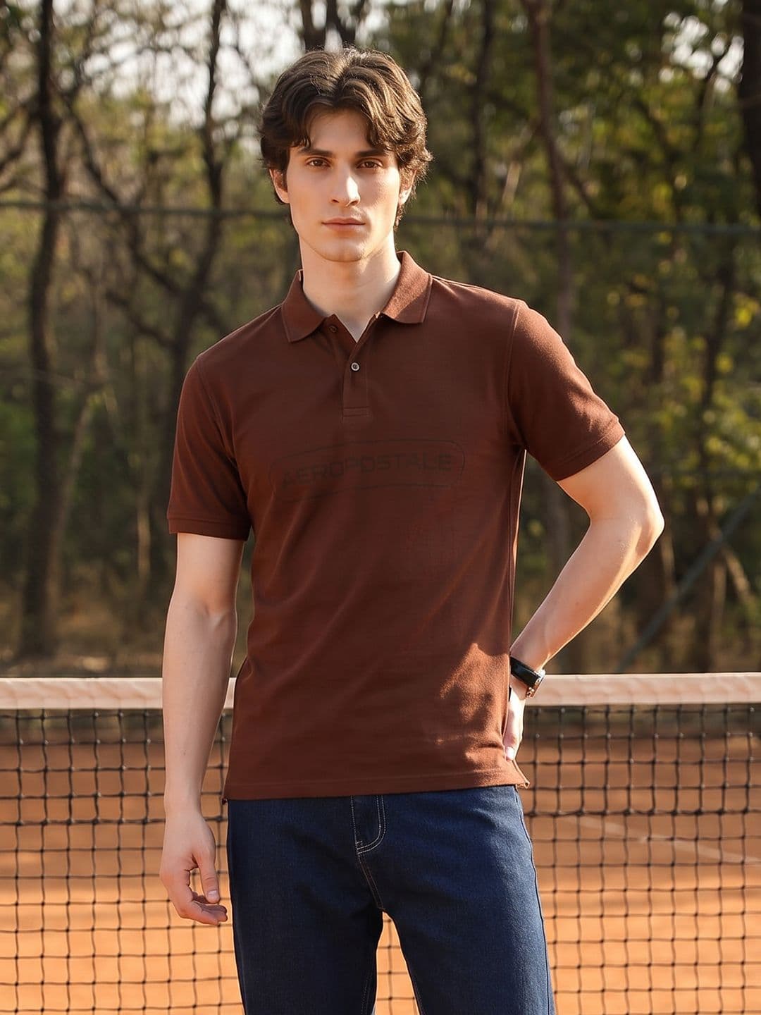 Aeropostale Brand Logo Printed Polo Collar Pure Cotton T-shirt - view 1