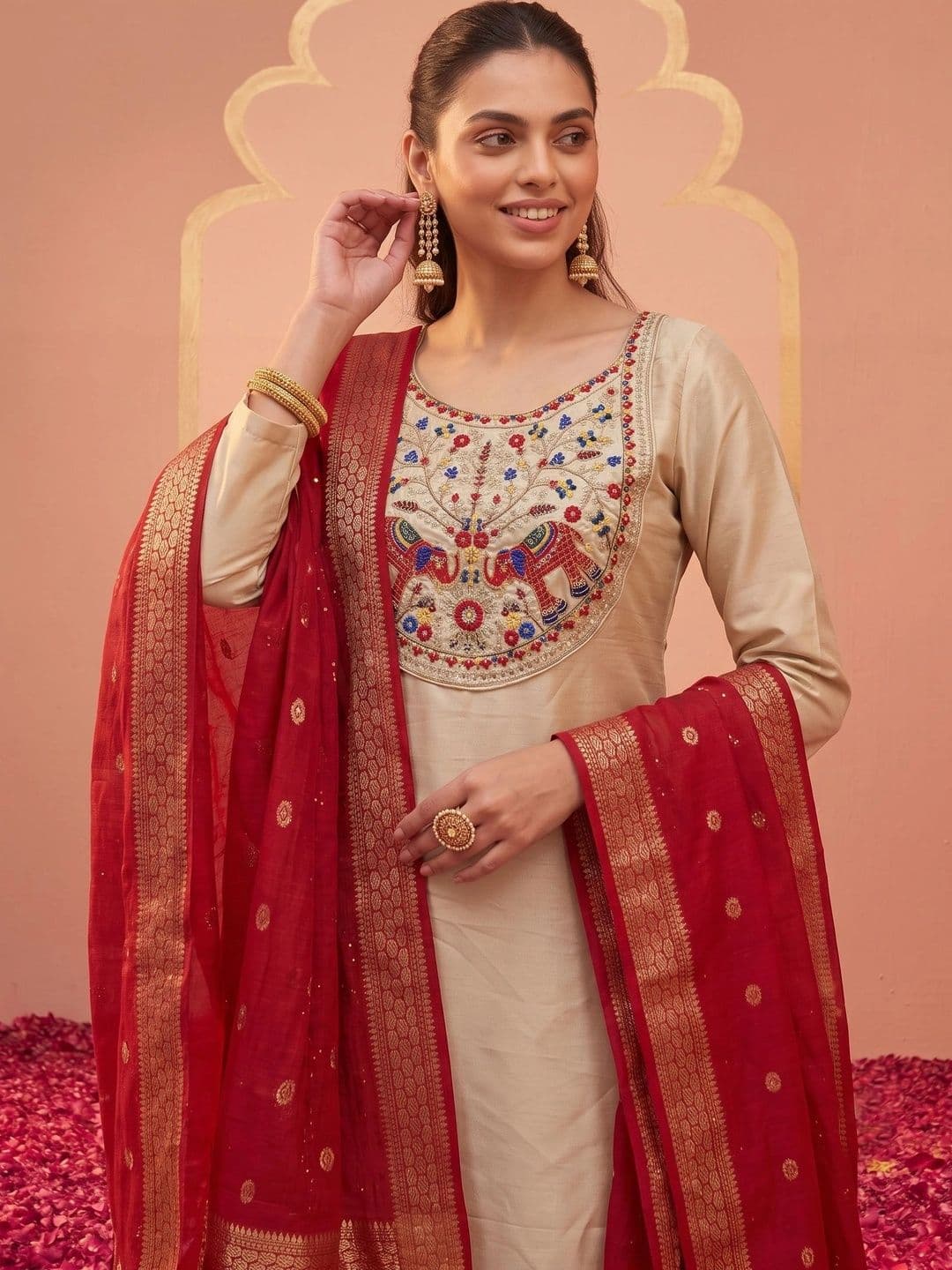 SDK FASHION Women Ethnic Motifs Embroidered Regular Thread Work Kurta with Trousers & With Dupatta - view 1