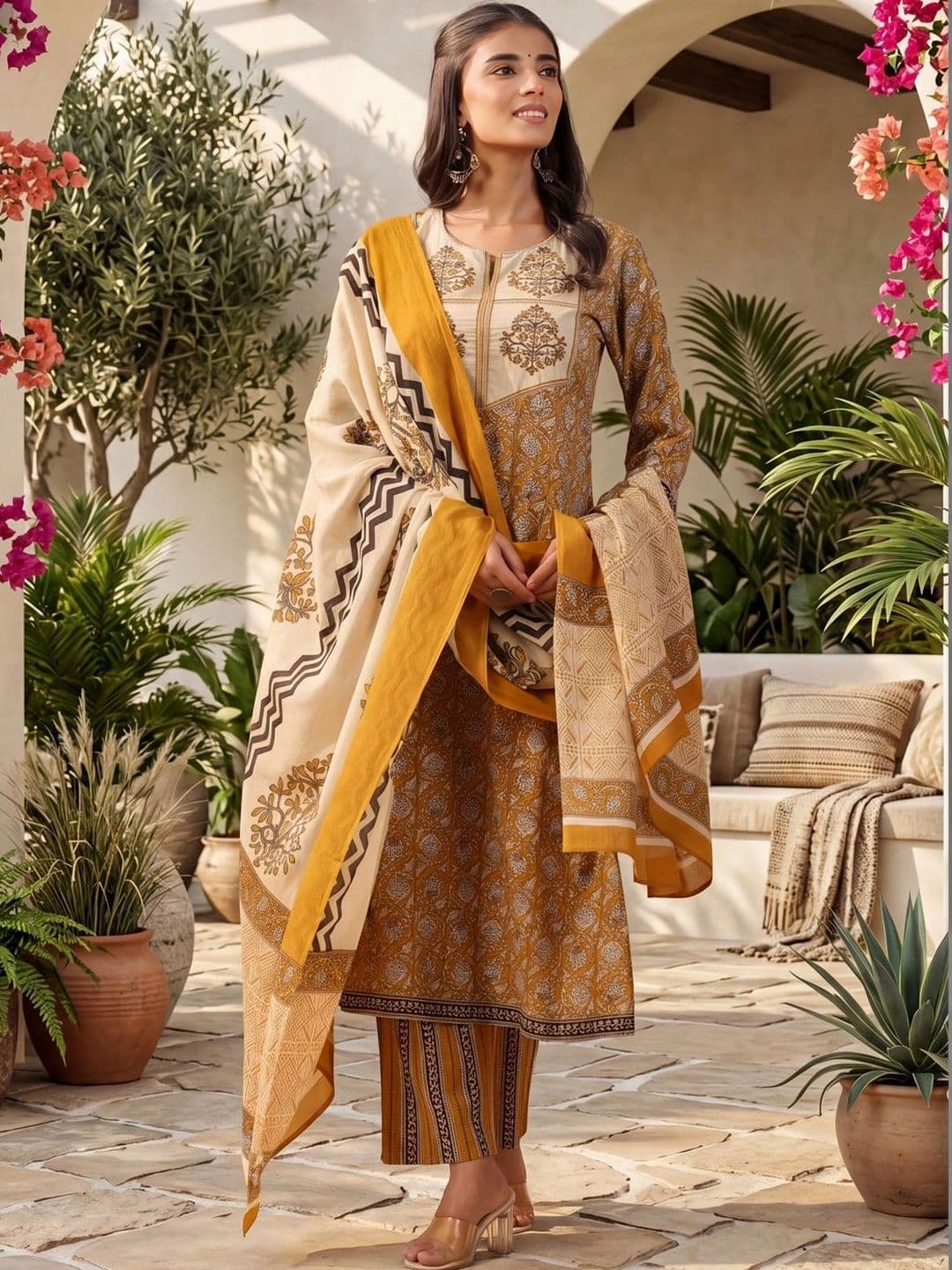 Rain & Rainbow Women Ethnic Motifs Printed Regular Thread Work Pure Cotton Kurta with Trousers & With Dupatta - view 1