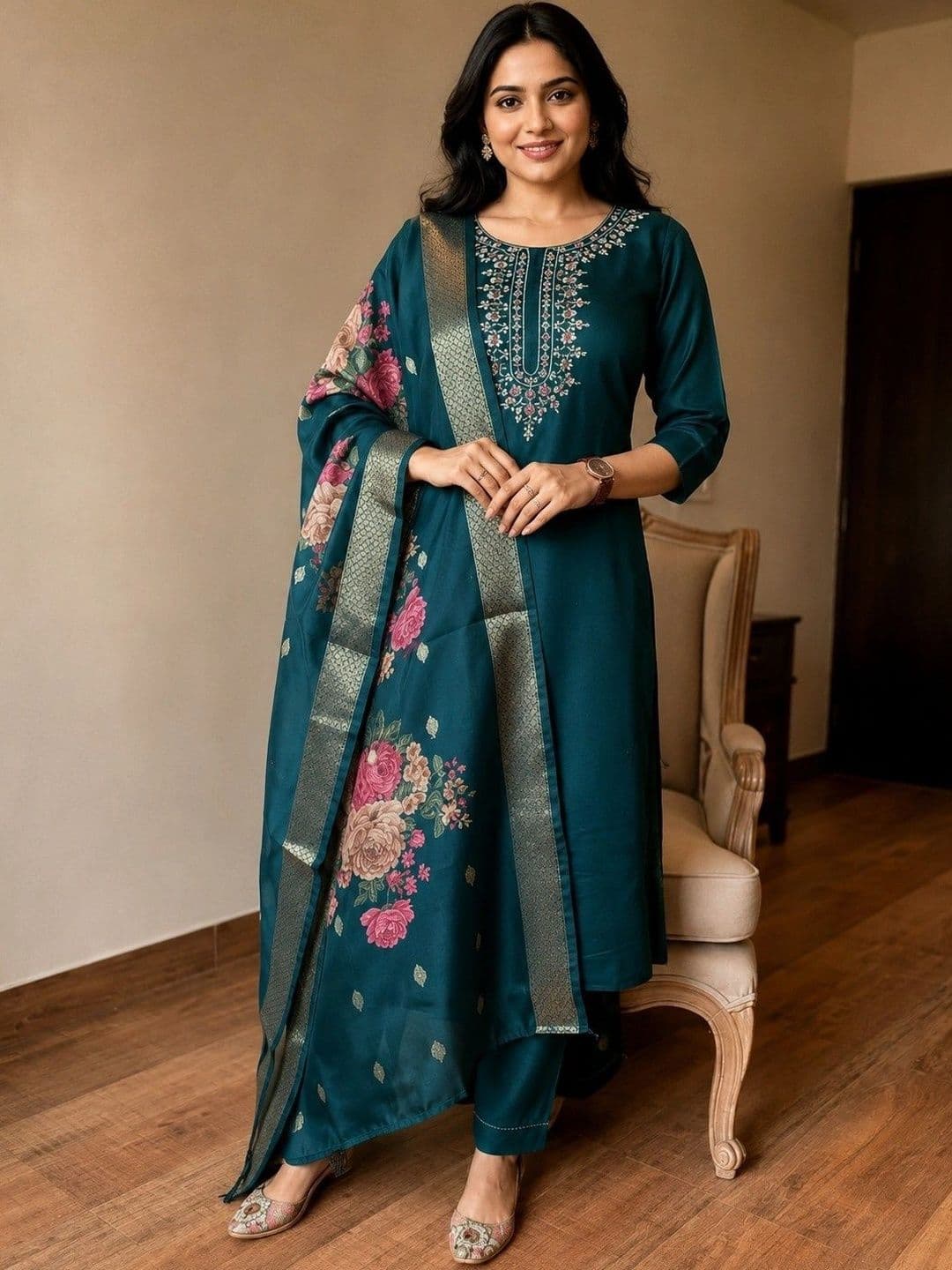 JK Design Studio Women Ethnic Motifs Embroidered Regular Thread Work Kurta with Trousers & With Dupatta - view 1