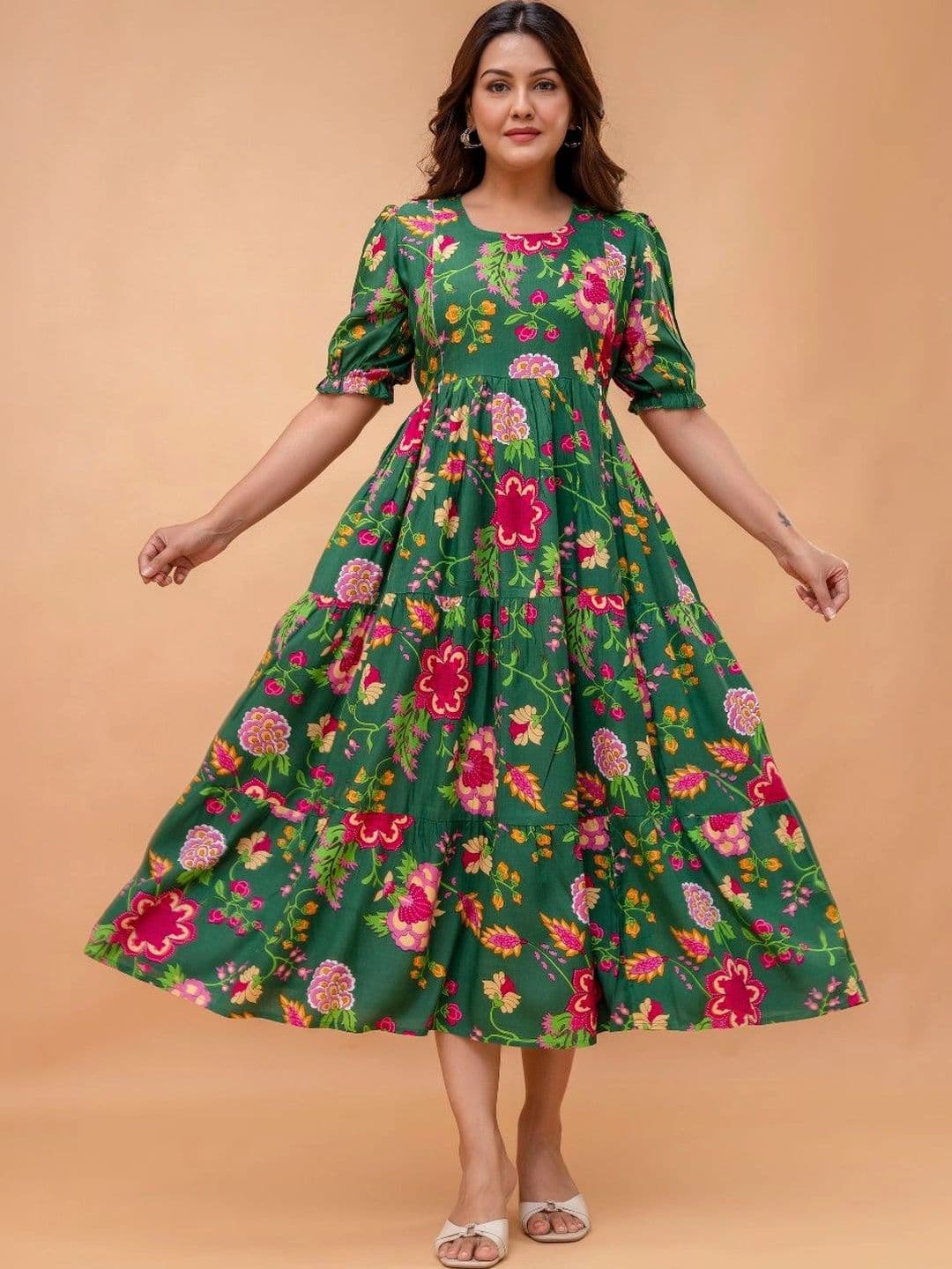 DEVEK Floral Print Puff Sleeve Maternity A-Line Midi Dress - view 1