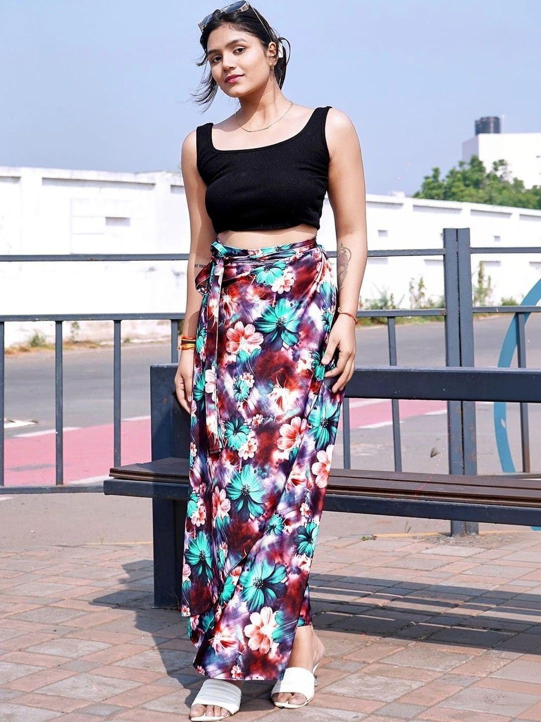 Moda Rapido Women Cotton Cambric Floral Front Slit Maxi Wrap Skirt - view 1