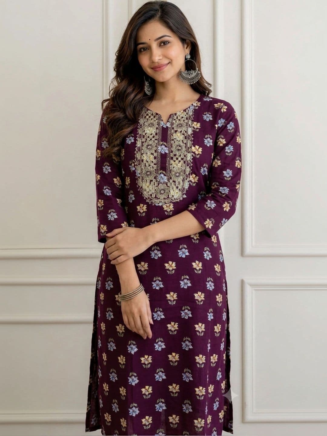 Zyla Straight Cotton embroidered yoke kurta for women - view 1