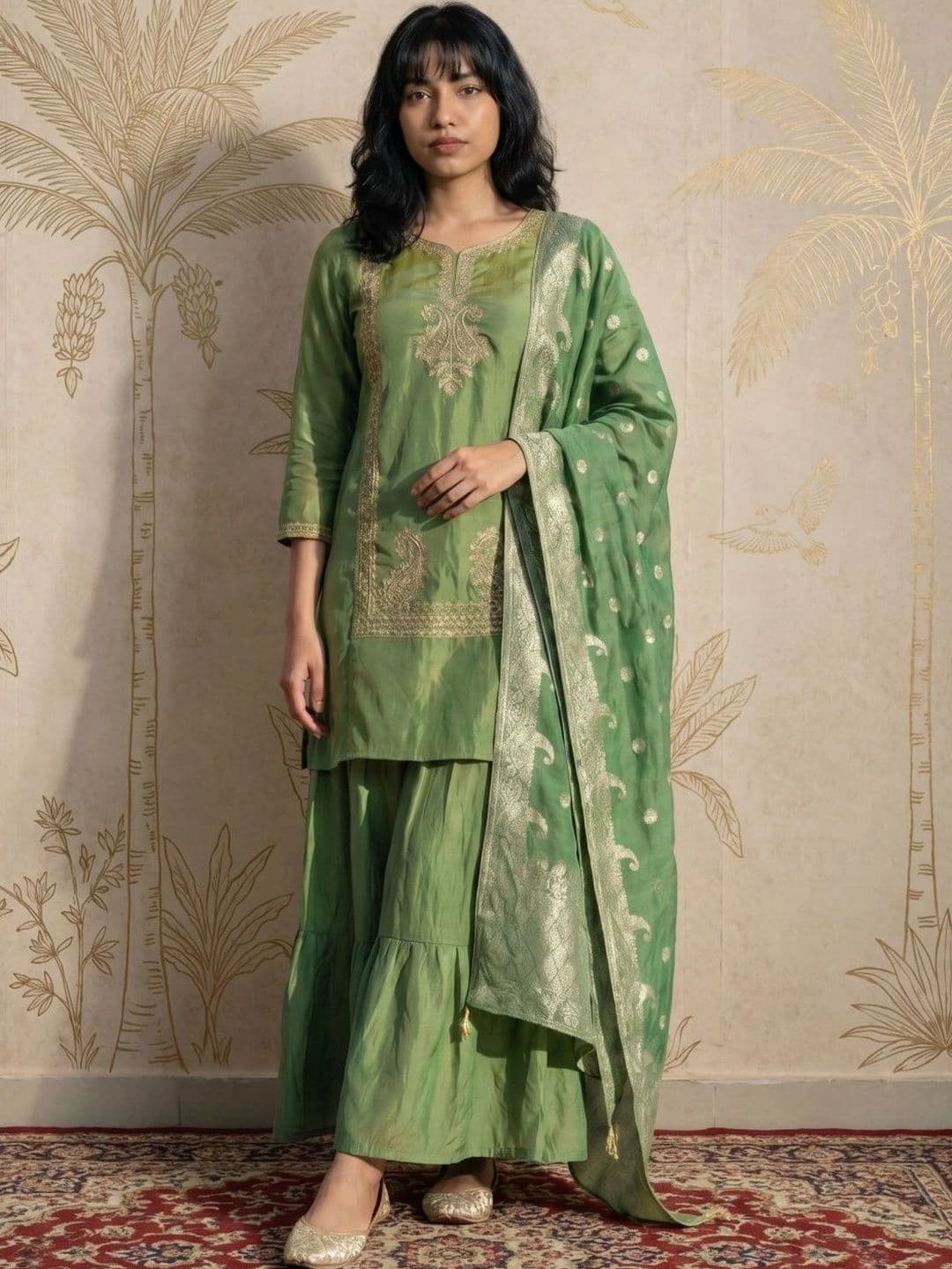 Sangria Women Ethnic Motifs Embroidered Regular Kurta with Sharara & With Dupatta - view 1