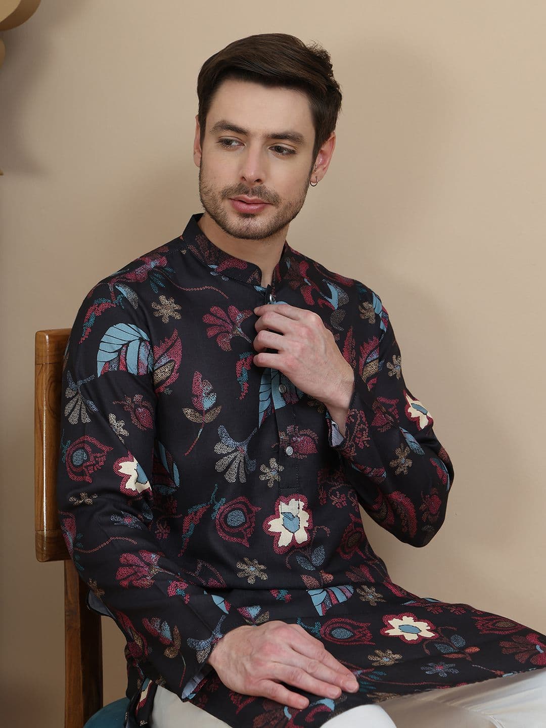 Anouk Men Floral Printed Mandarin Collar Cotton Kurta - view 1