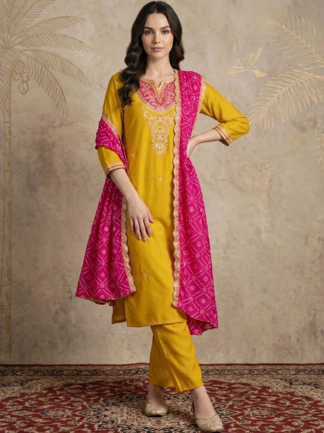 Sangria Women Ethnic Motifs Embroidered Regular Kurta with Trousers & With Dupatta - view 1