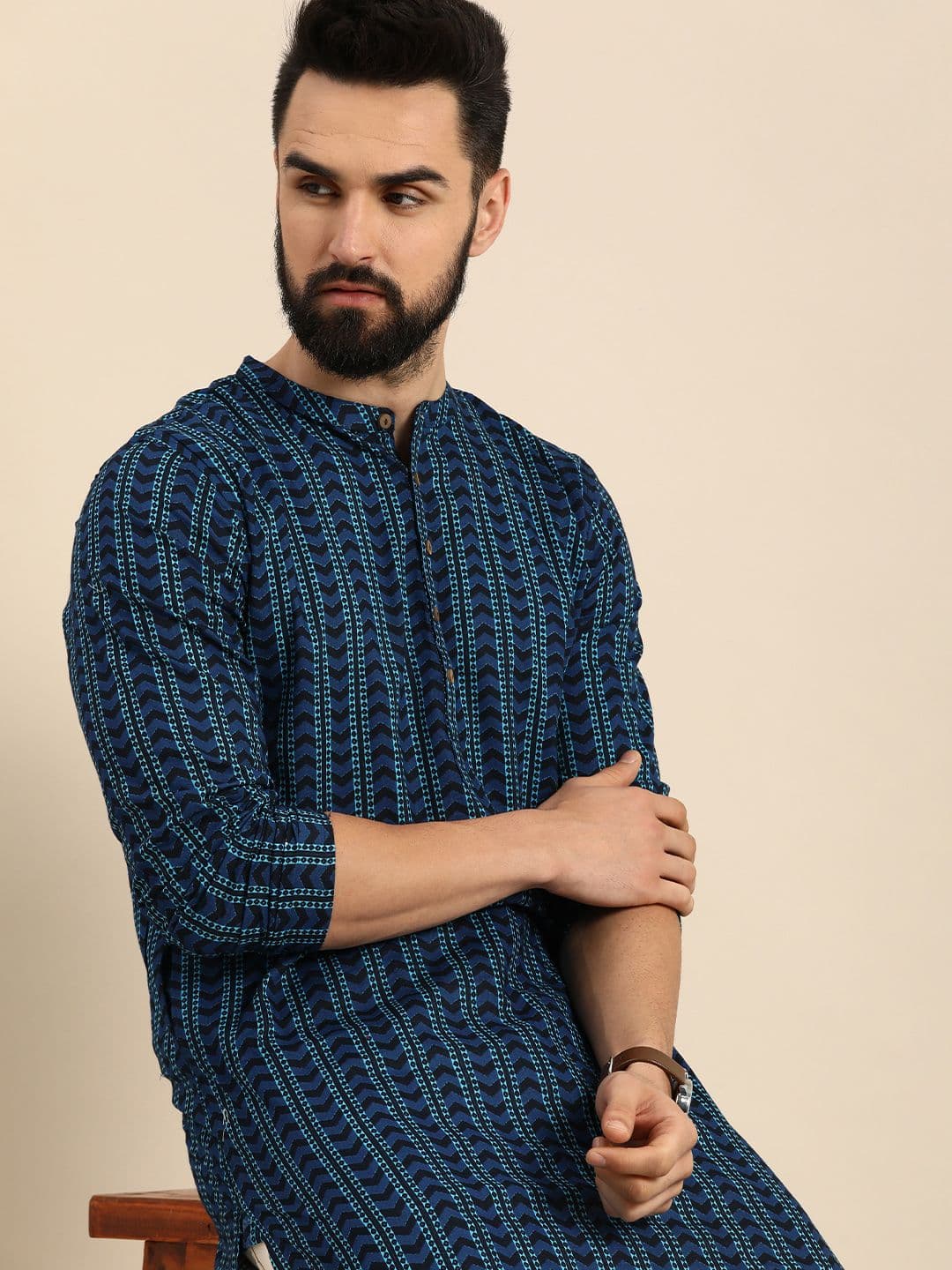 Anouk Men Geometric Printed Indigo Pure Cotton Straight Kurta - view 1