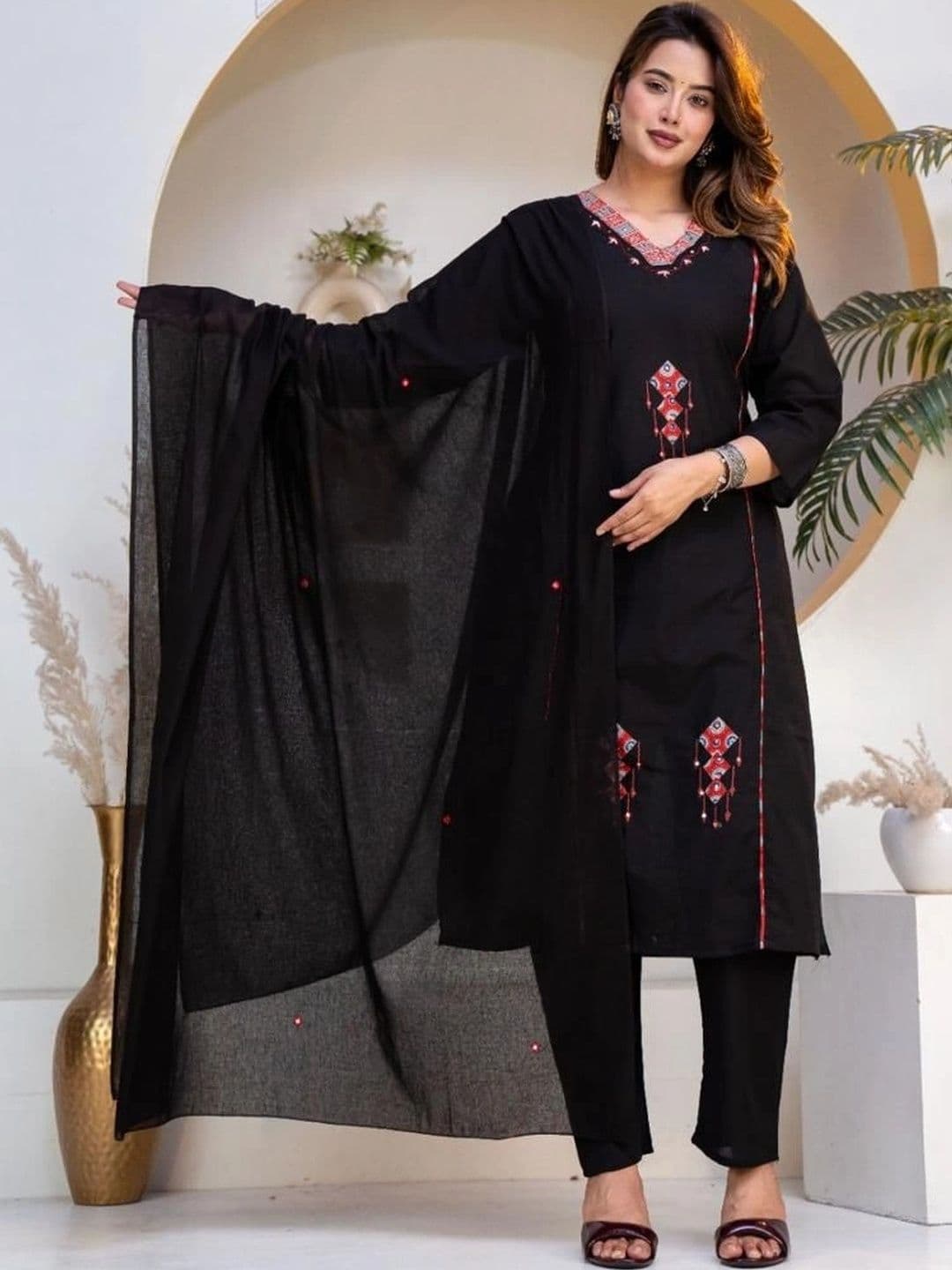 KALINI Women Ethnic Motifs Embroidered Regular Thread Work Pure Cotton Kurta with Trousers & With Dupatta - view 1