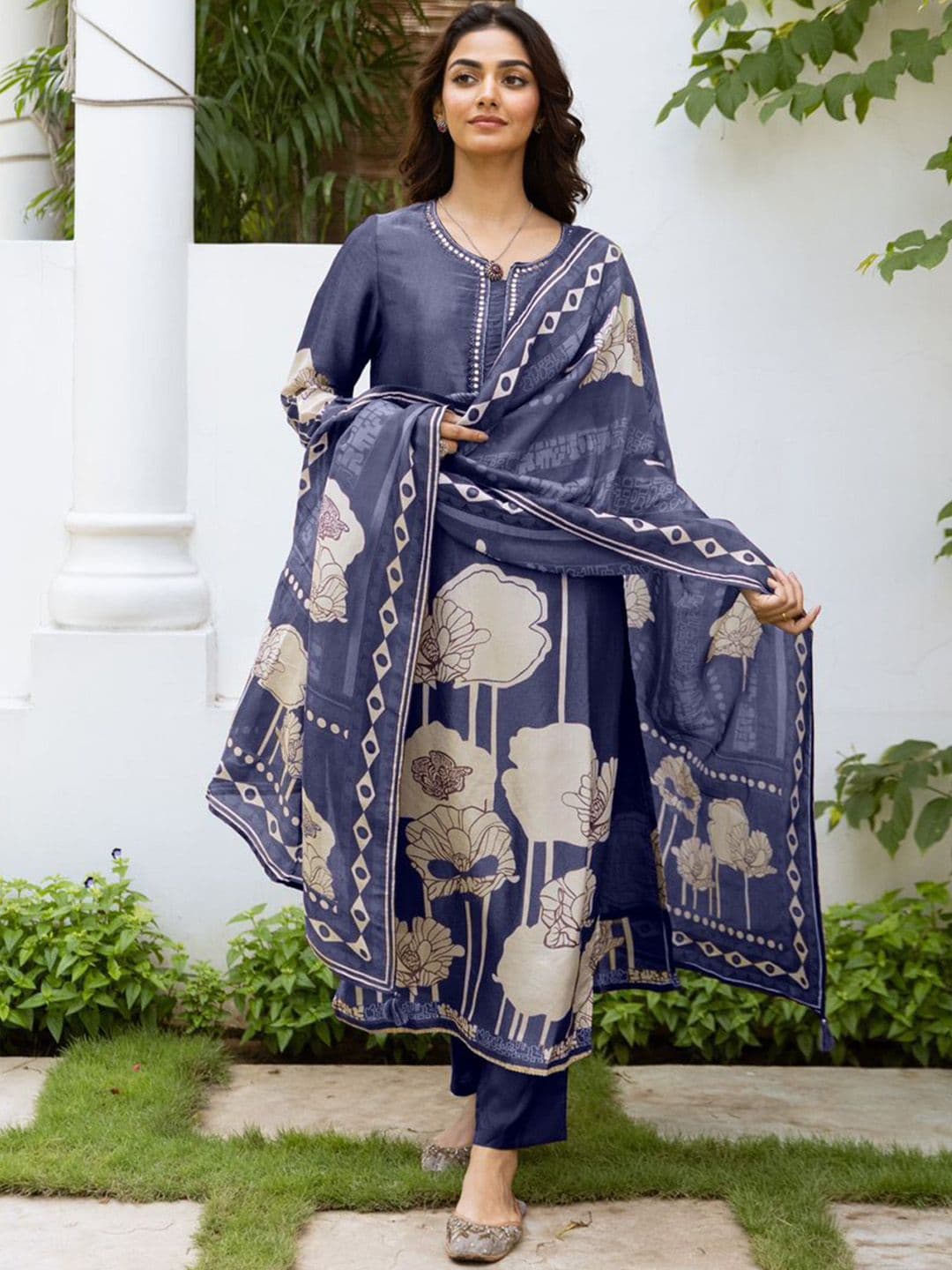 Anouk Blue Floral Printed Notch Neck Tissue Straight Kurta With Trousers & Dupatta - view 1