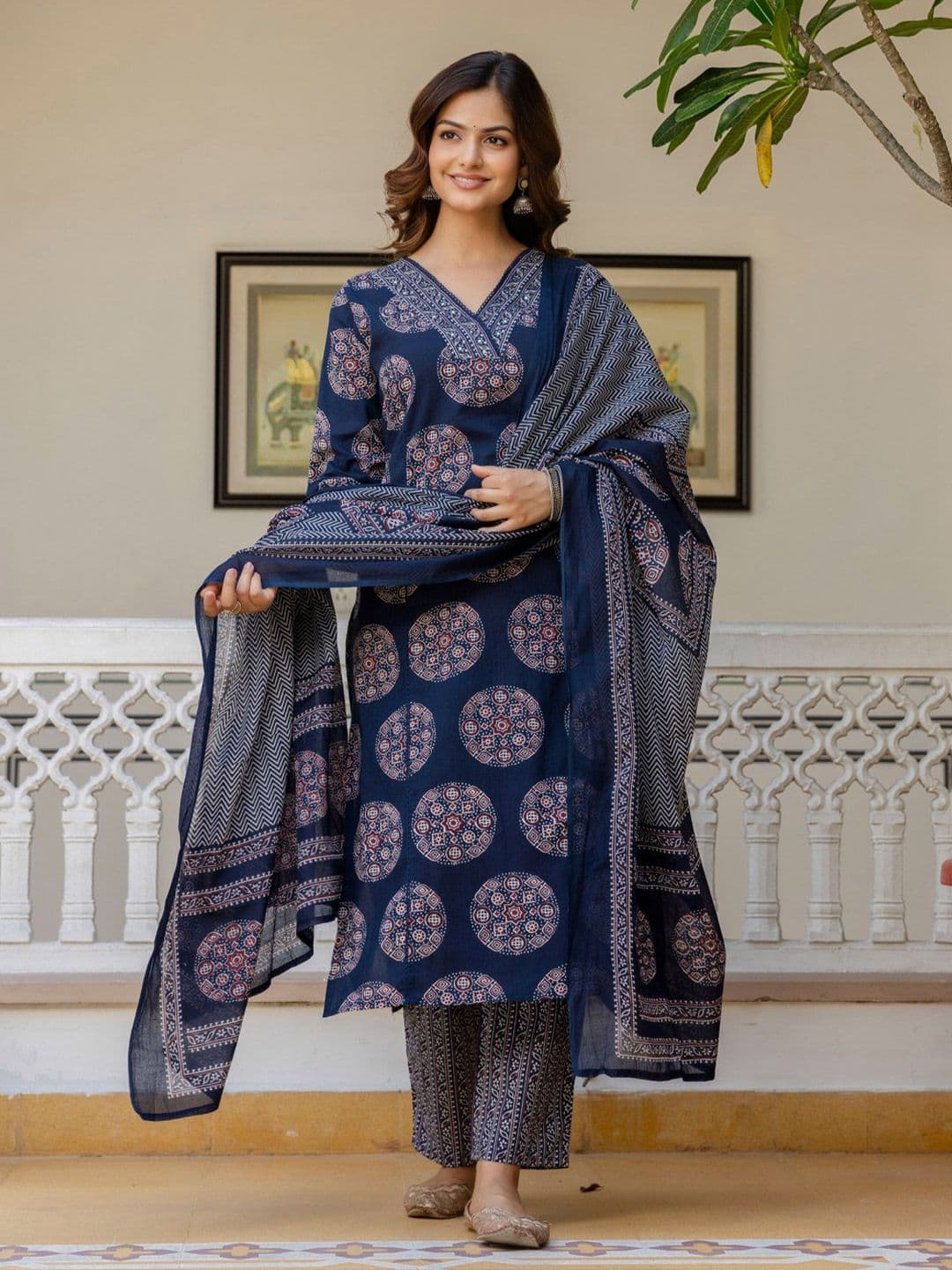 Anouk Women Floral Printed Regular Mirror Work Kurta with Palazzos & With Dupatta - view 1