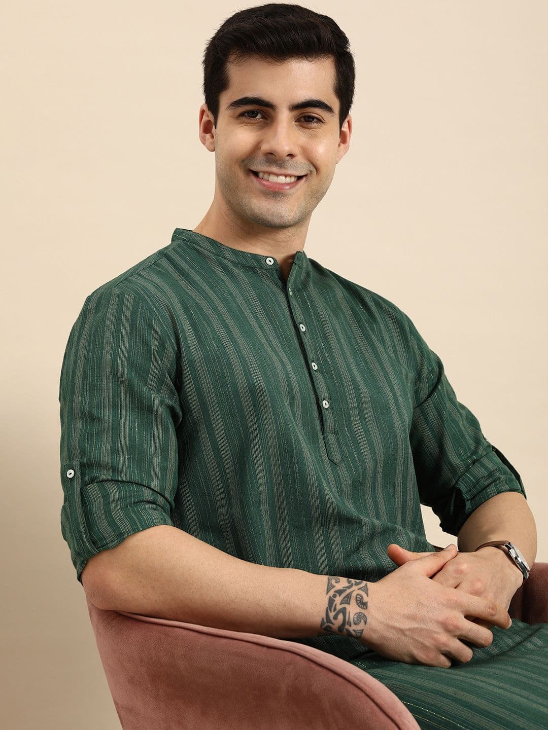 Anouk Men Green & Gold-Toned Striped Mandarin-Collar Kurta - view 1