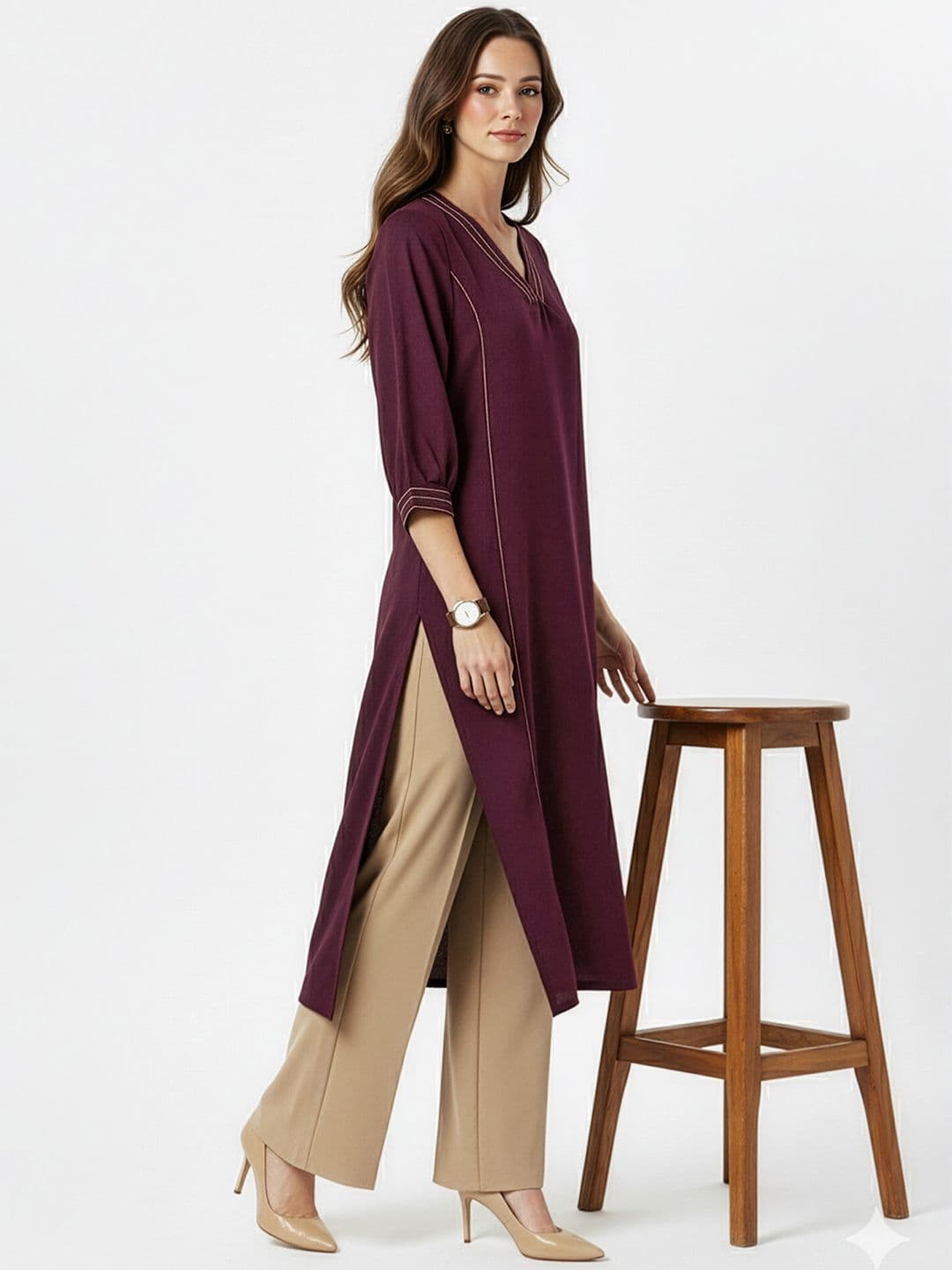 Anouk Geometric Self Design Thread Work V-Neck Straight Kurta - view 1