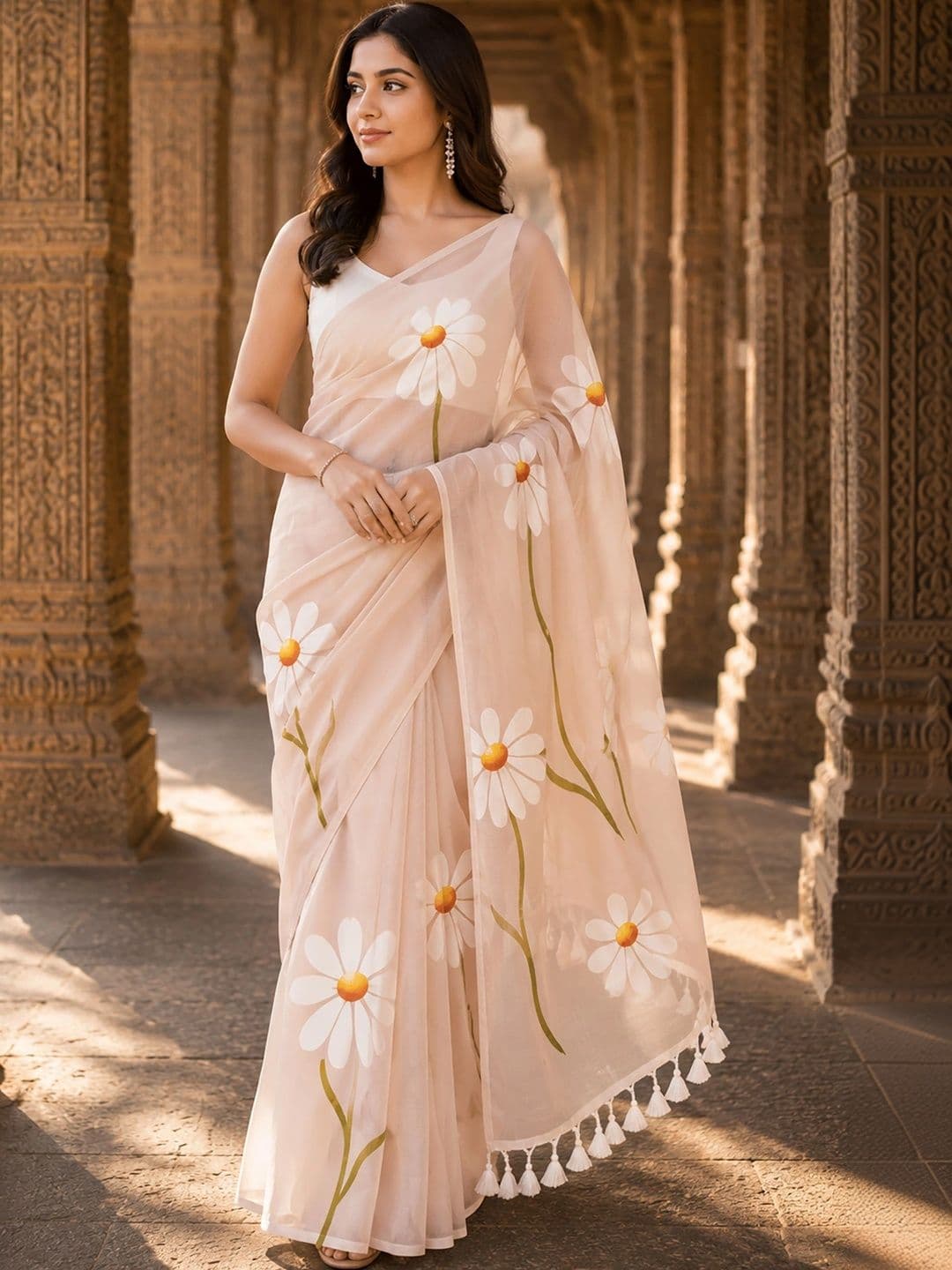 Anjaneya Sarees Floral Linen Blend Designer Block Print Saree - view 1