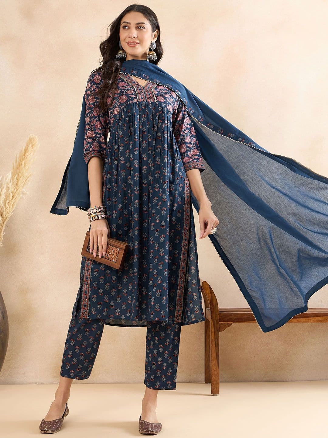 Anouk Floral Printed Empire Gotta Patti Pure Cotton Anarkali Kurta with Trousers & Dupatta - view 1
