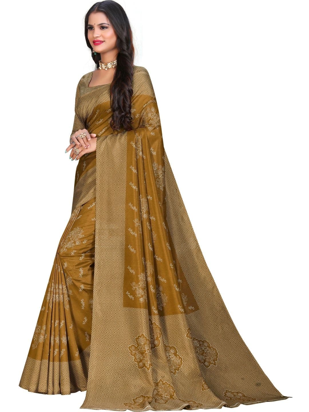 Novus Knitting Floral Satin Saree - view 1