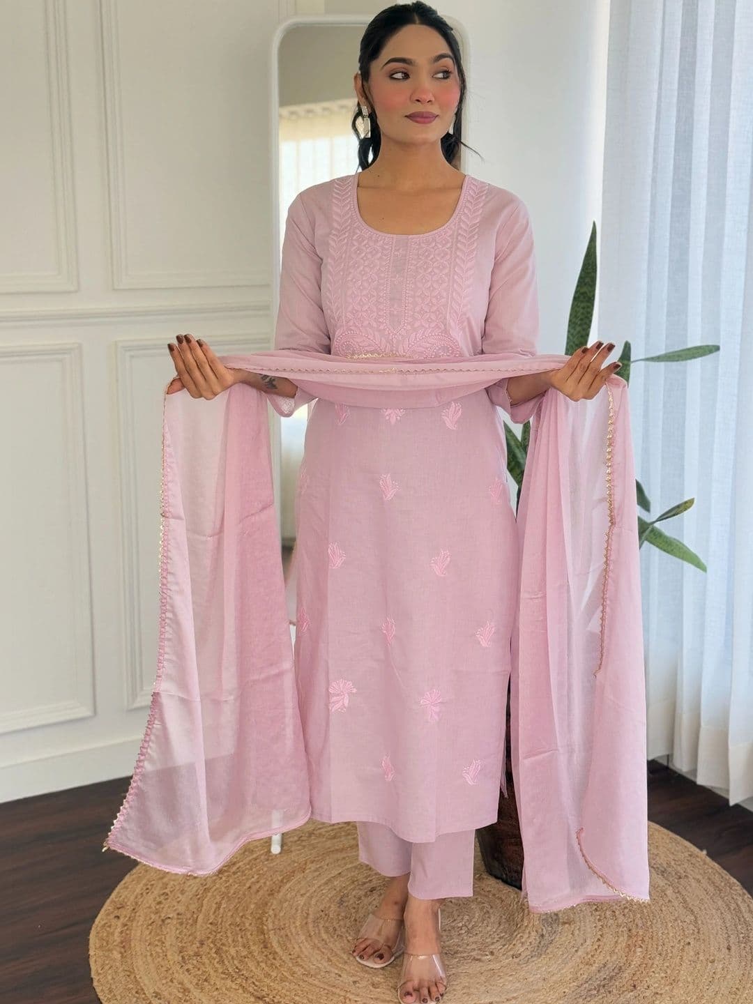 KALINI Women Ethnic Motifs Embroidered Regular Thread Work Pure Cotton Kurta with Trousers & With Dupatta - view 1