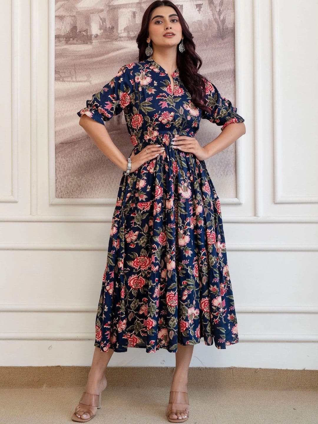 Sangria Printed Mandarin Collar Fit and Flare Ethnic Dresses - view 1