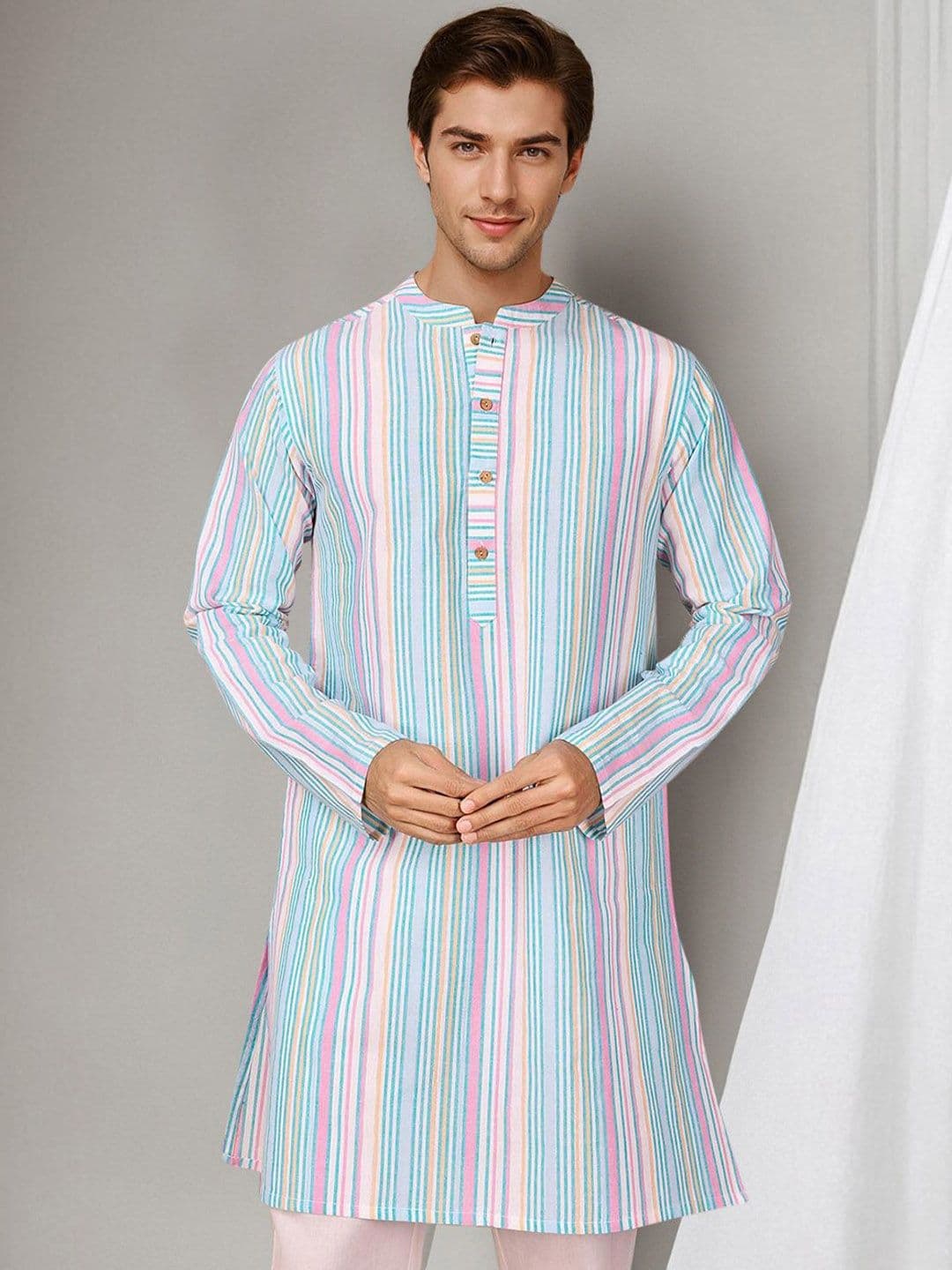 Anouk Striped Mandarin Collar Pure Cotton Straight Kurta - view 1