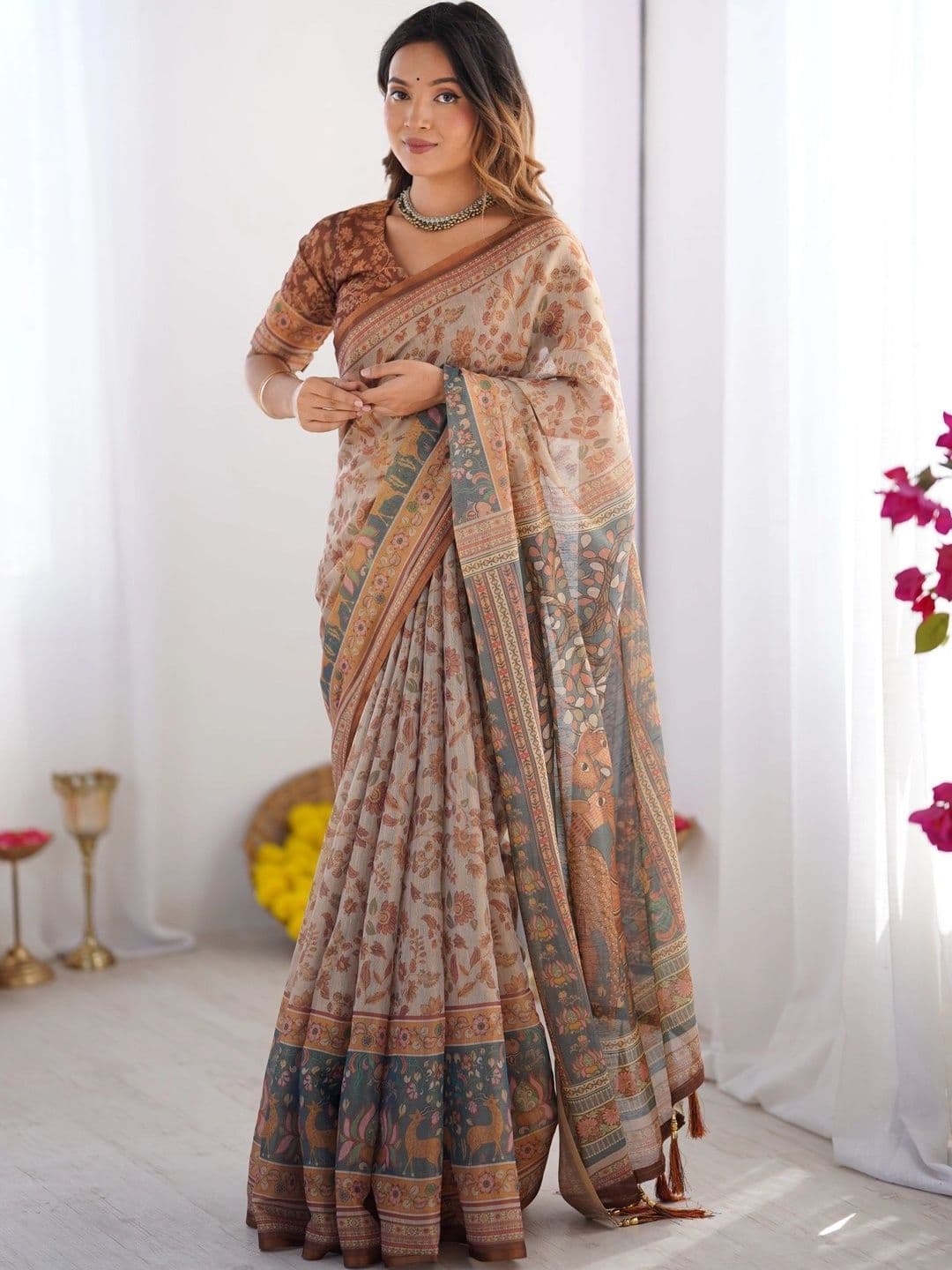 Panzora Kalamkari Linen Blend Designer Saree - view 1