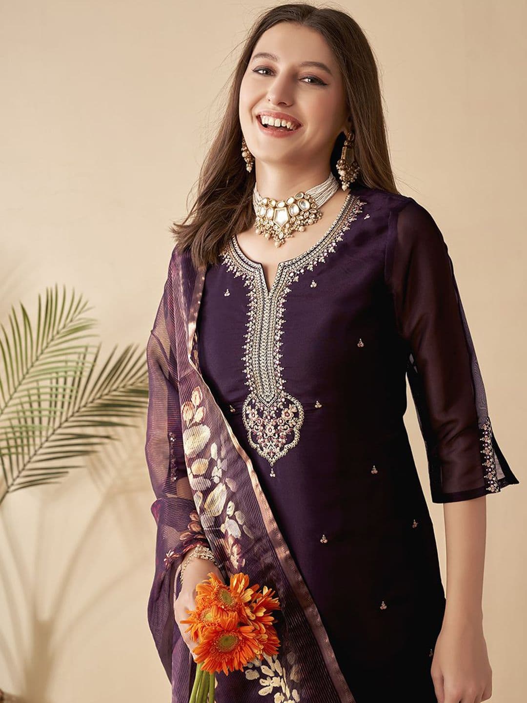 Anouk Violet Ethnic Motifs Embroidered Sequined Straight Kurta with Trousers & Dupatta - view 1