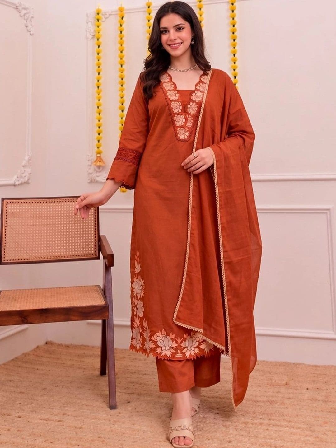 Moda Rapido Women Floral Embroidered Regular Thread Work Kurta with Trousers & With Dupatta - view 1