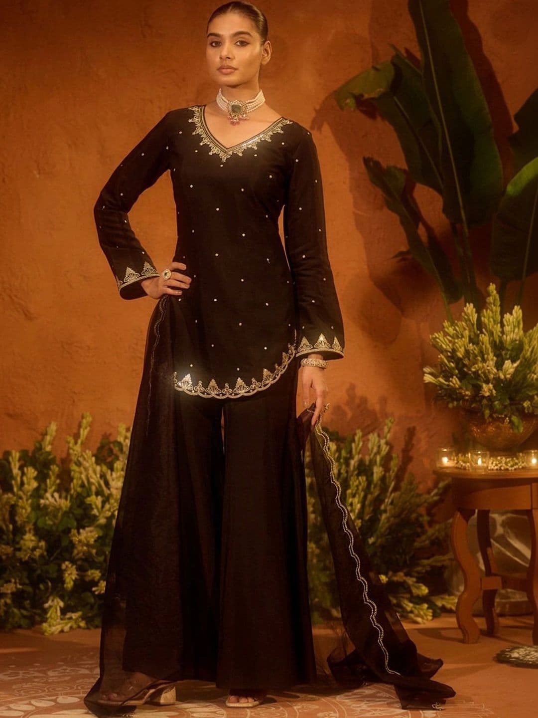 KALINI Women Ethnic Motifs Embroidered Regular Silk Crepe Kurta with Sharara & With Dupatta - view 1