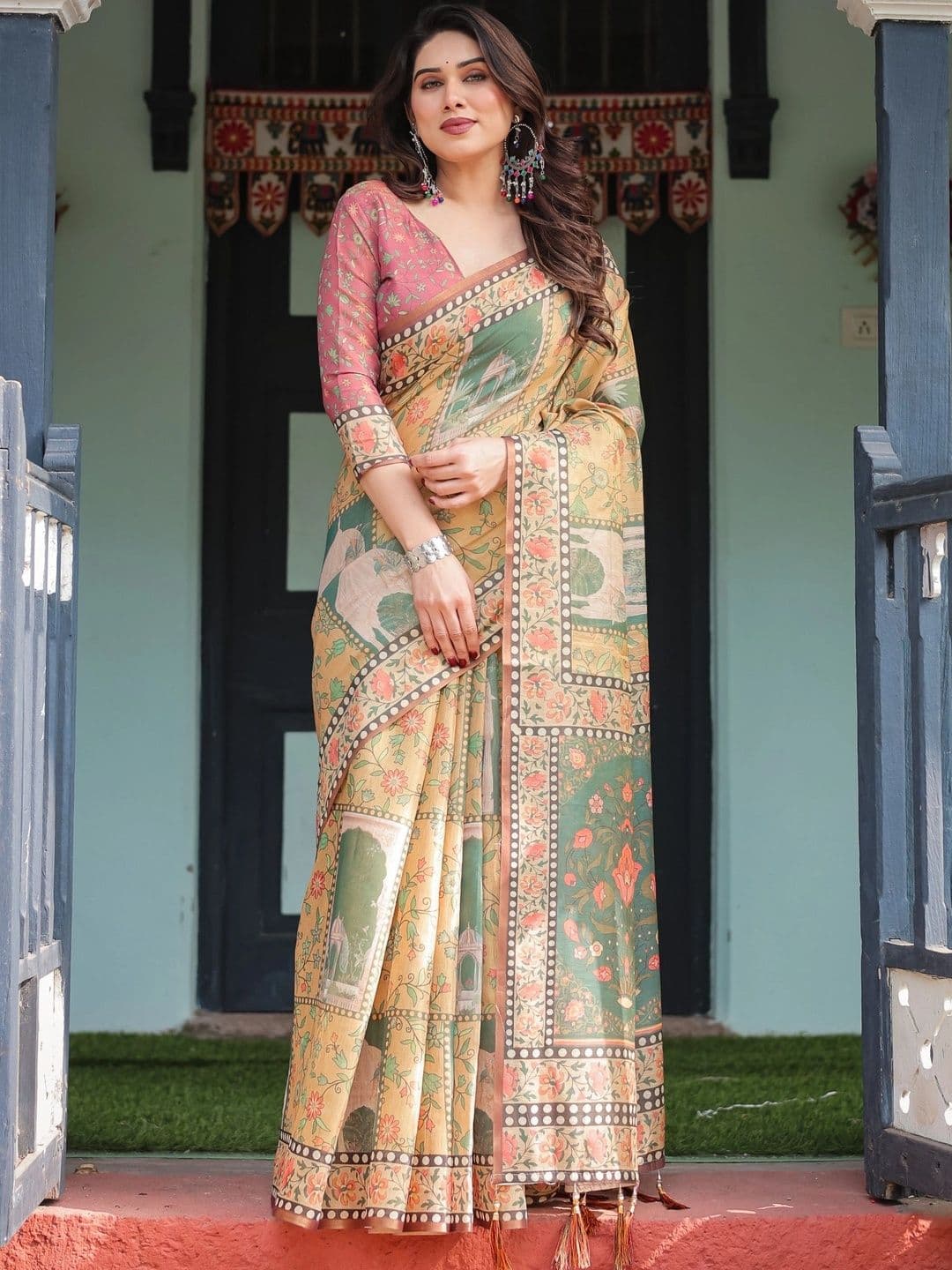 Panzora Ethnic Motifs Linen Blend Fusion Saree - view 1