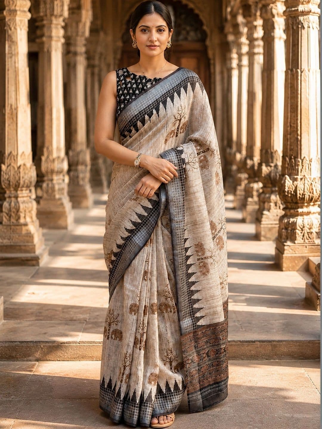 Moda Rapido Linen Blend Designer Block Print Saree - view 1