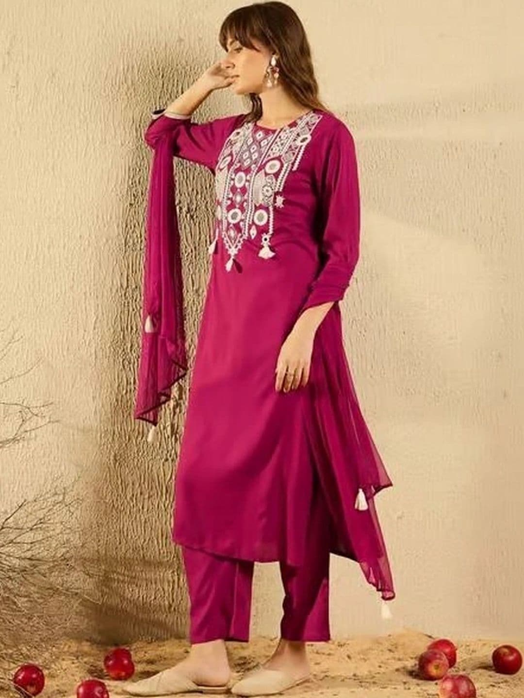 KALINI Women Ethnic Motifs Embroidered Regular Thread Work Kurta with Trousers & With Dupatta - view 1