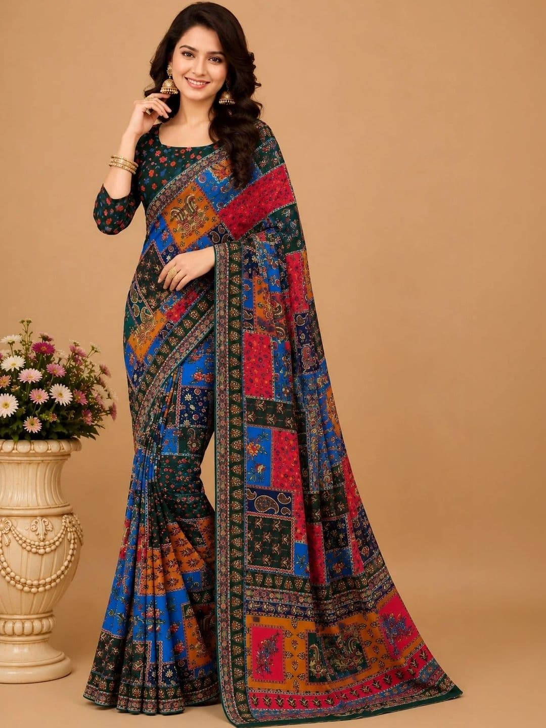 SARASWATI SILK MILLS Floral Poly Georgette Patola Saree - view 1
