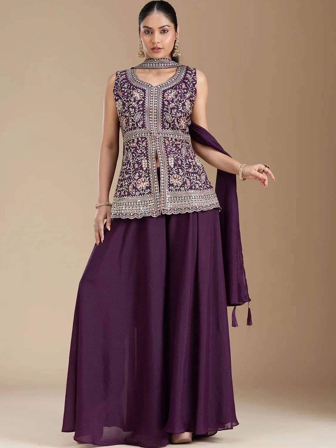 KALINI Women Ethnic Motifs Embroidered Empire Thread Work Kurta with Palazzos & With Dupatta - view 1