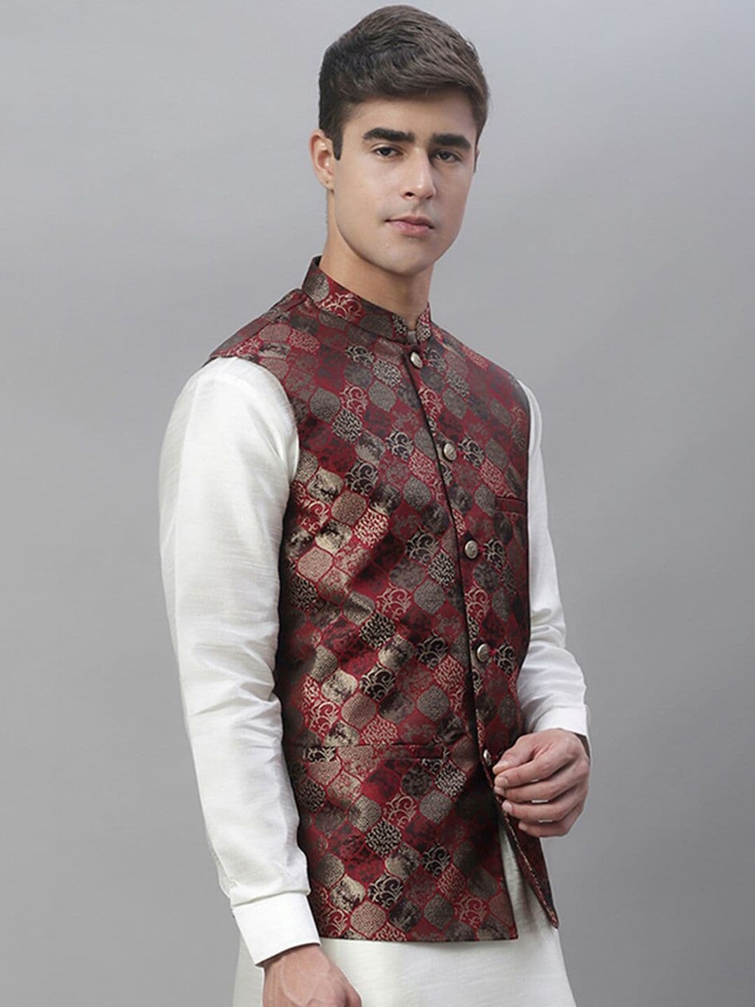 Anouk Men Maroon Woven Design Nehru Jacket - view 1