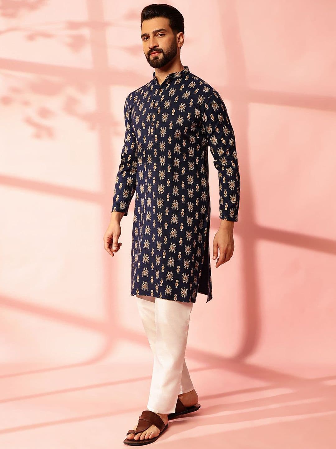 Anouk Ethnic Motifs Printed Band Collar Ikat Technique Cotton Linen Straight Kurta - view 1