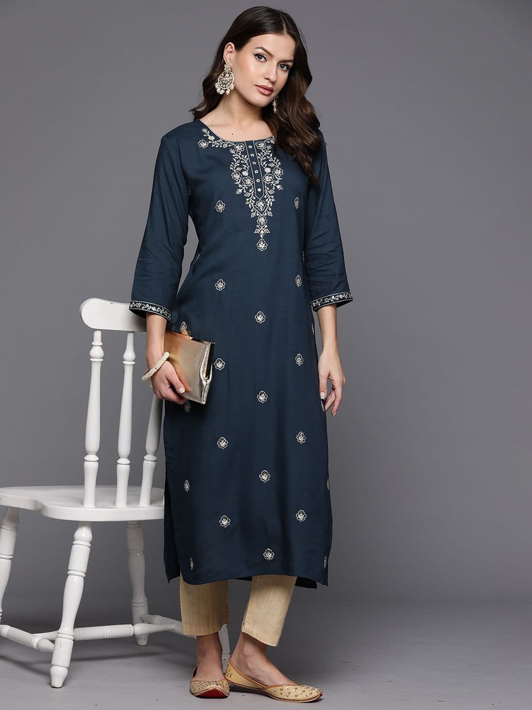 Anouk Teal Blue Ethnic Motifs Embroidered Straight Kurta - view 1