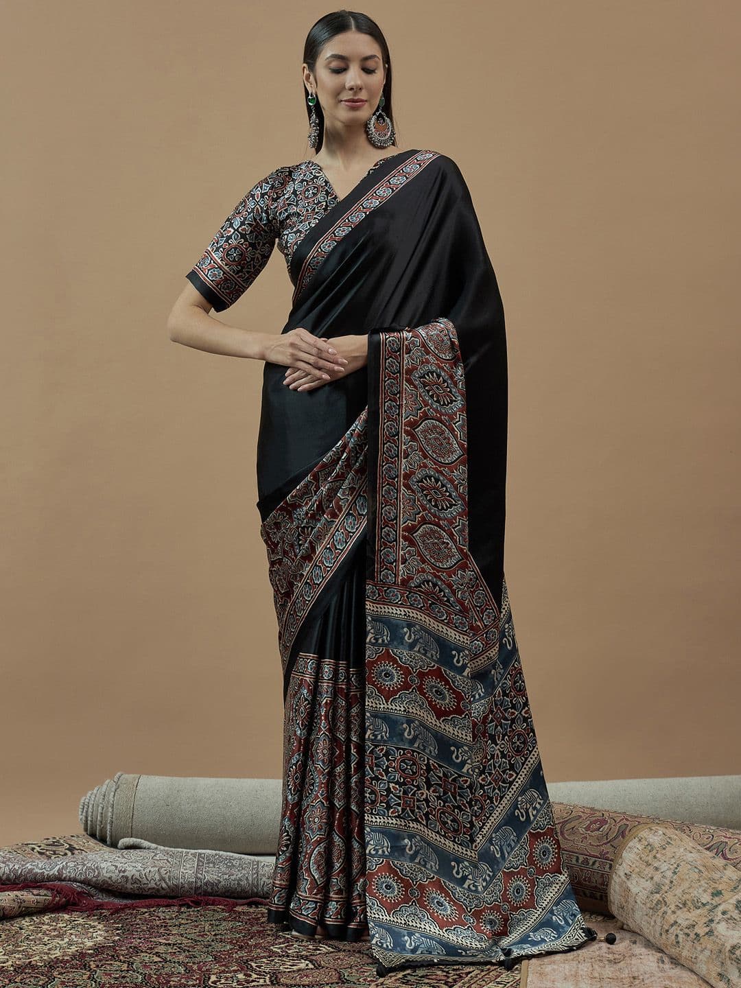 Anouk Ajrak Block Poly Crepe Block Print Saree - view 1