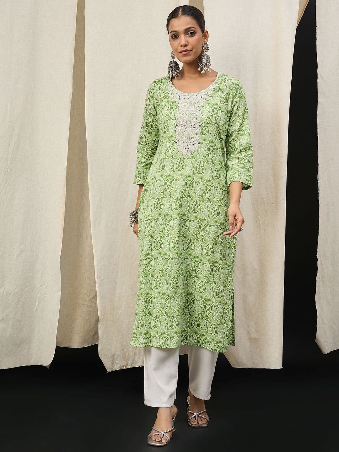 Anouk Paisley Printed Zardozi Straight Cotton Kurta - view 1