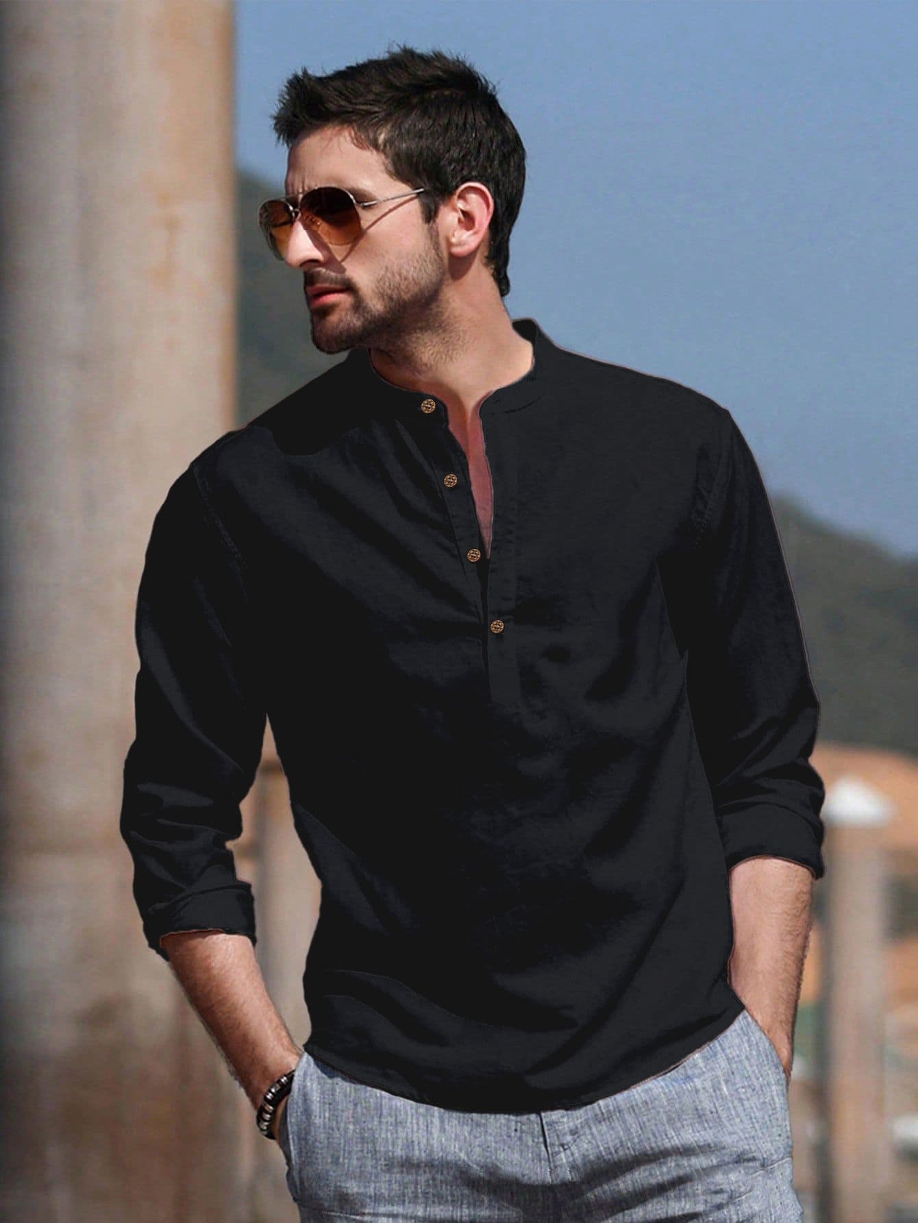 Anouk Cotton Roll-Up Sleeves Band Collar Straight Short Kurta - view 1