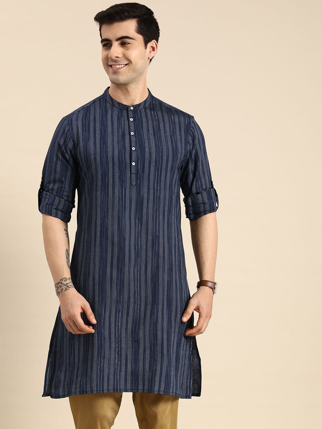 Anouk Men Navy Blue & Gold-Toned Striped Mandarin-Collar Indigo Kurta - view 1