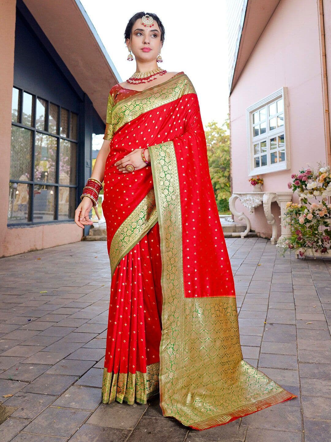Anouk Red & Gold-Toned Ethnic Motifs Woven Design Zari Banarasi Saree - view 1