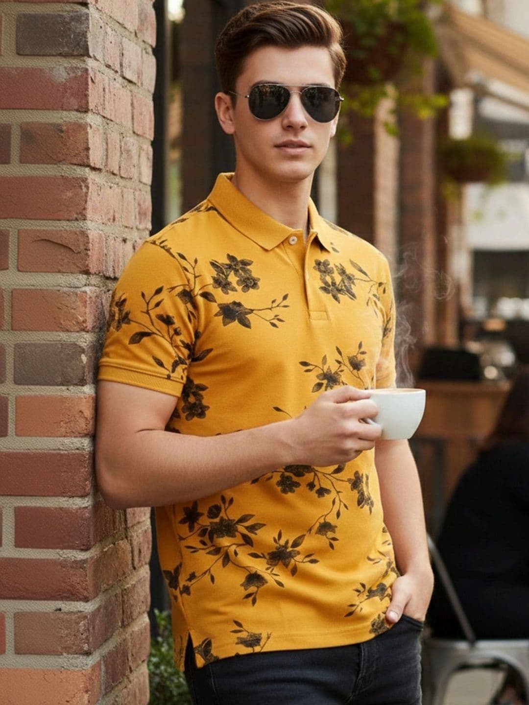RADYJA Men Floral Printed Polo Collar T-shirt - view 1