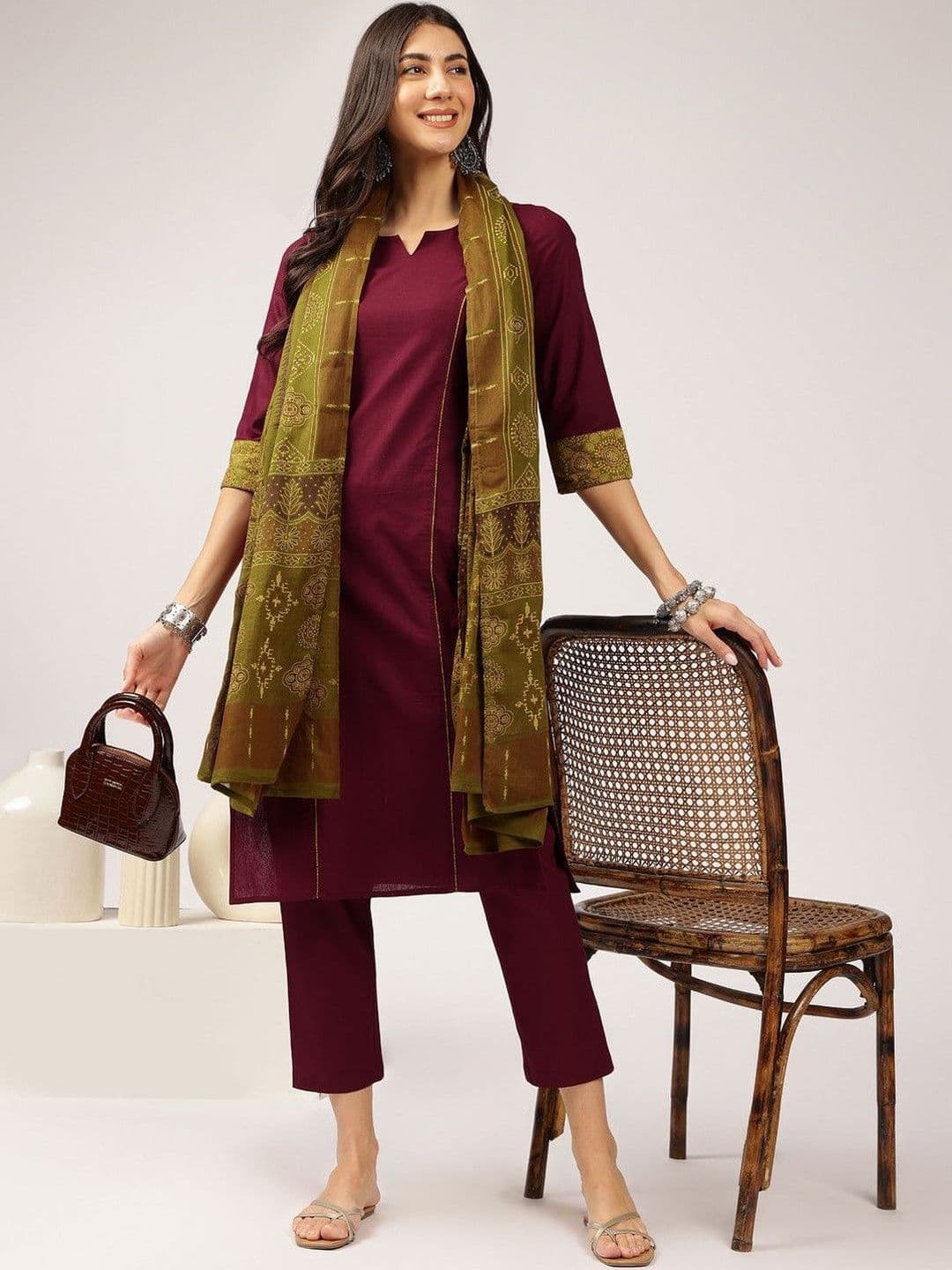 Anouk Maroon Notch Neck Pure Cotton Kurta with Trouser and Dupatta - view 1