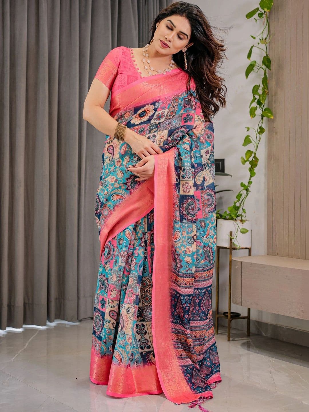 Panzora Ethnic Motifs Zari Linen Blend Designer Saree - view 1