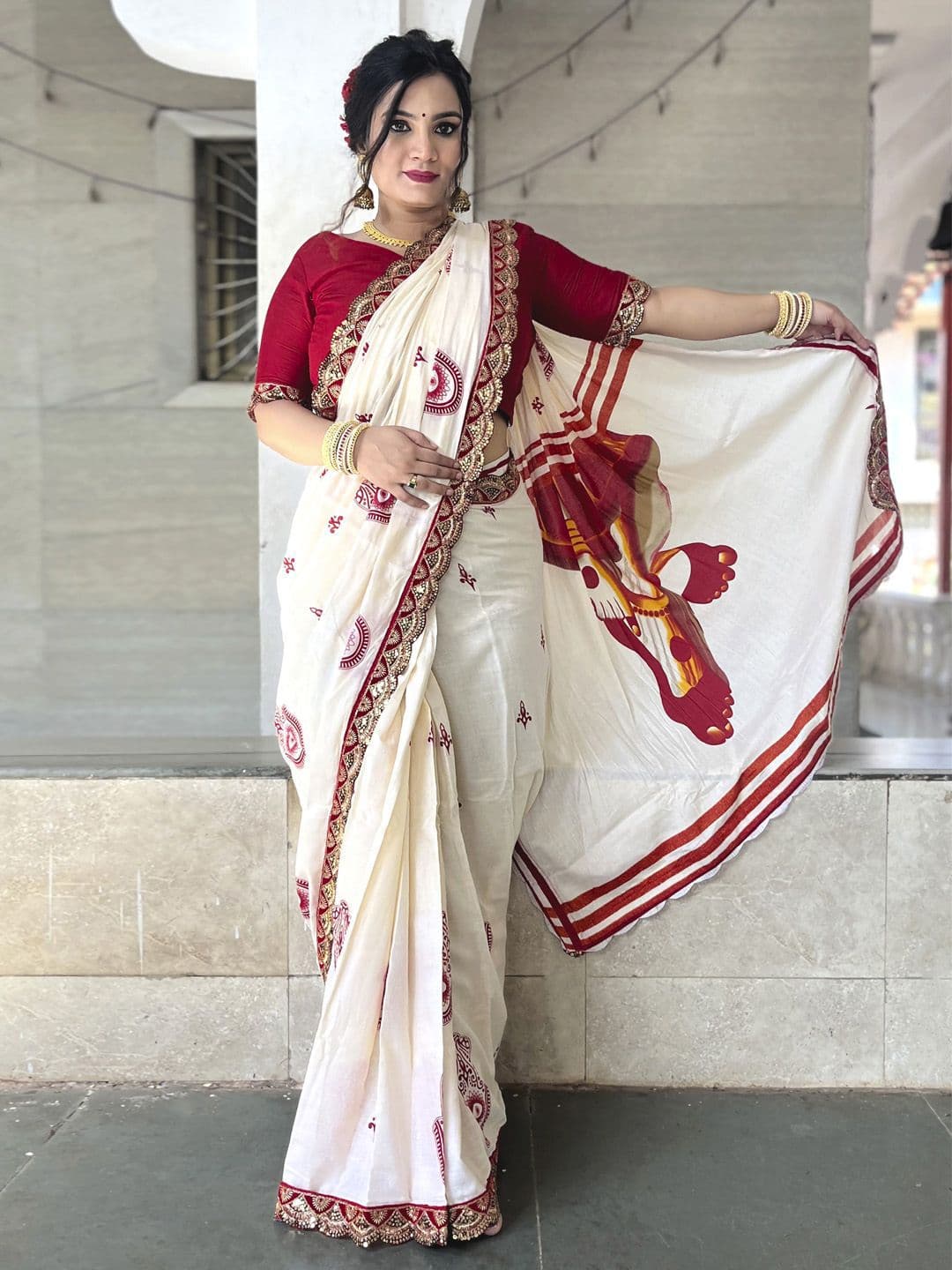 Anouk Ethnic Motifs Beads and Stones Block Print Saree - view 1