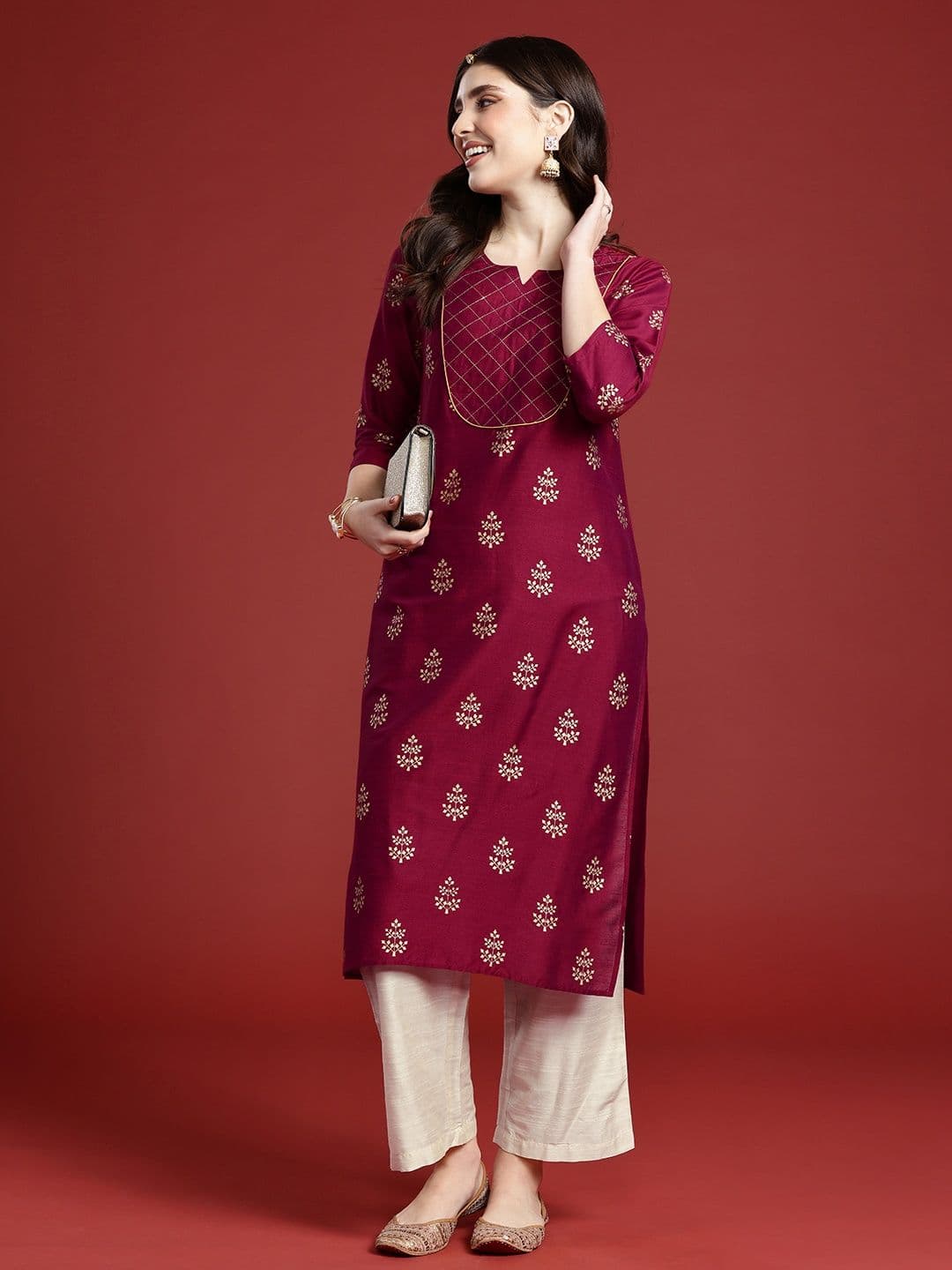 Anouk Women Maroon Printed & Yock Embroidery Kurta With Palazzo Festive & Casual Kurta Set - view 1
