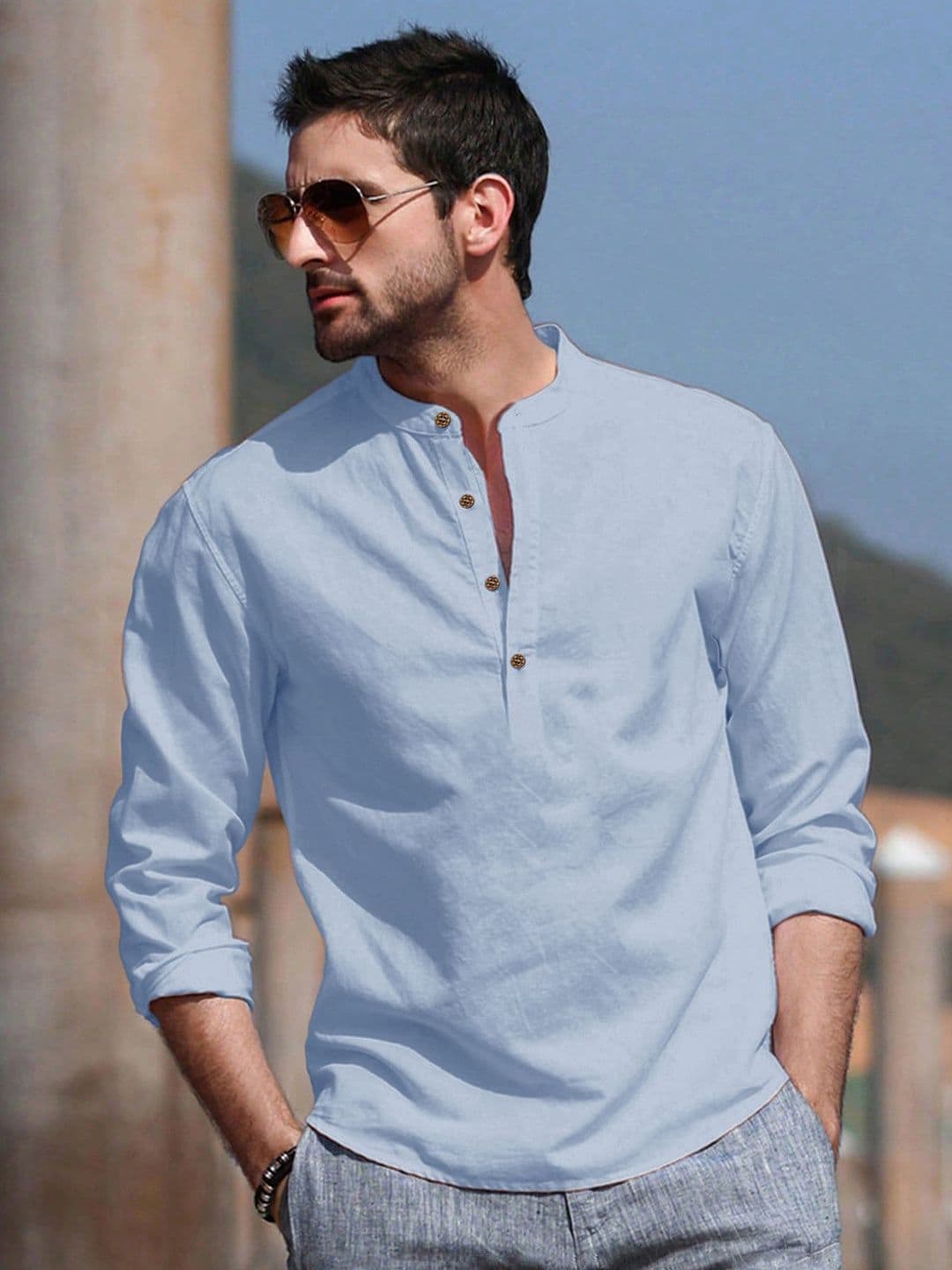 Anouk Cotton Roll-Up Sleeves Band Collar Straight Short Kurta - view 1