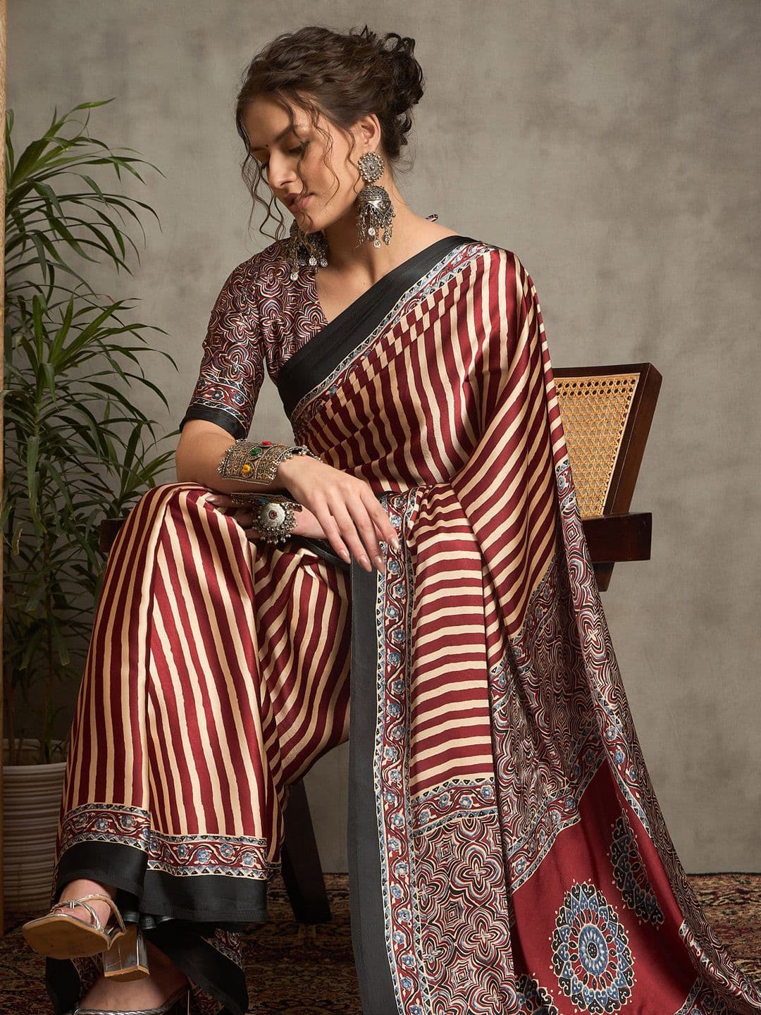 Anouk Striped Pure Crepe Block Print Saree - view 1