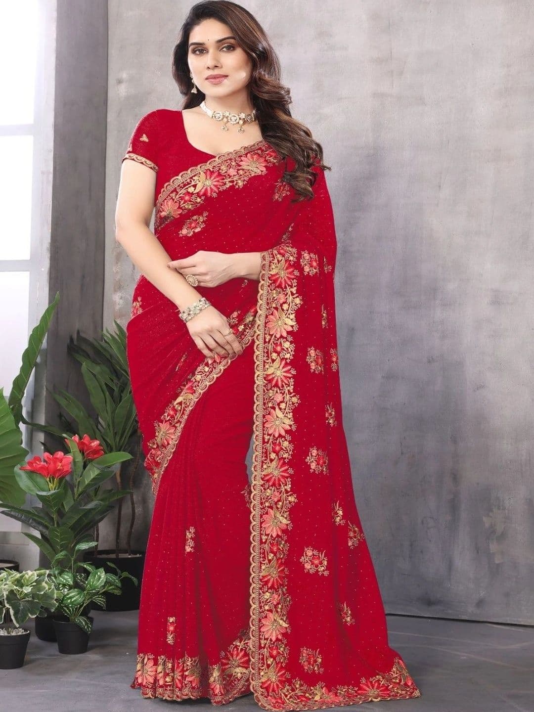 FOLENNE Floral Embroidered Poly Georgette Saree - view 1
