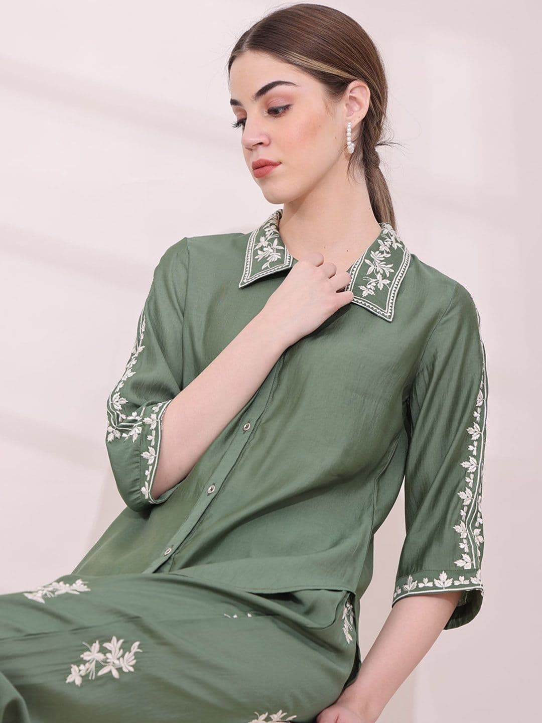 Anouk Green Floral Embroidered Shirt With Trousers - view 1
