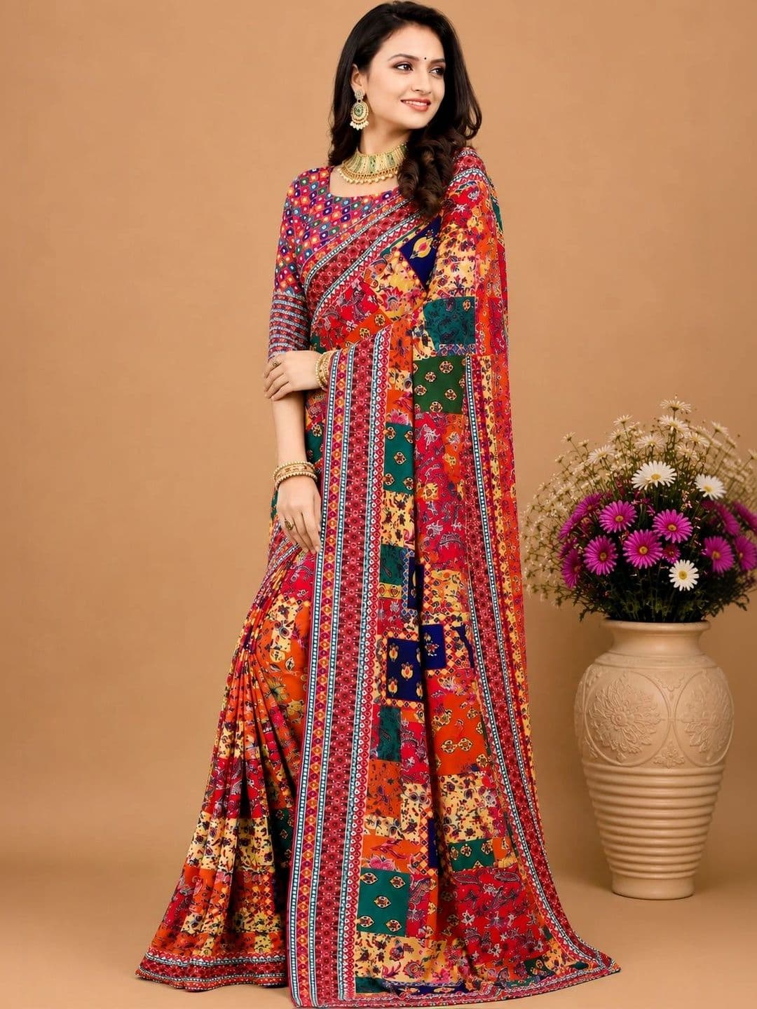 SARASWATI SILK MILLS Floral Poly Georgette Patola Saree - view 1