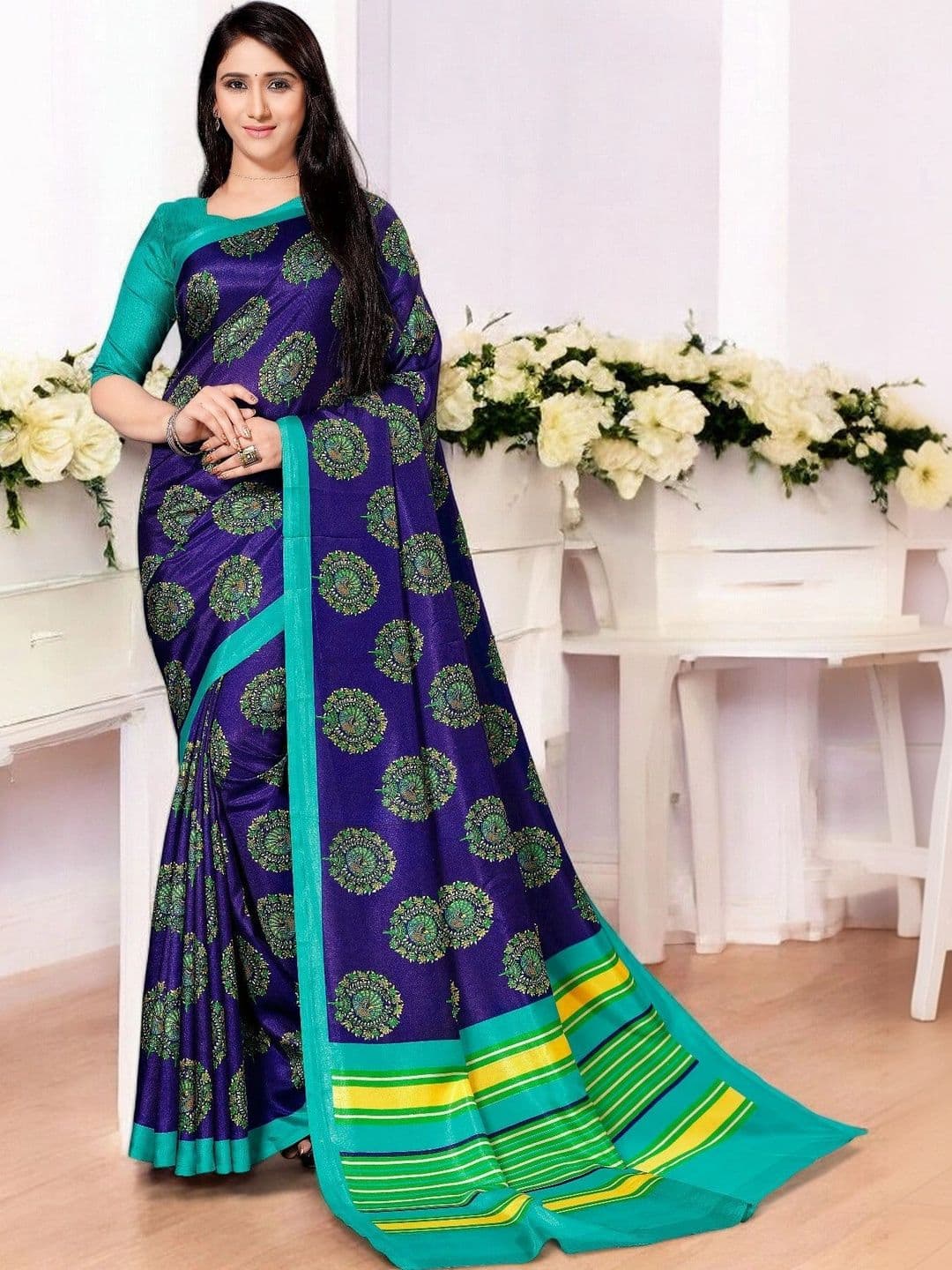 Novus Knitting Floral Satin Saree - view 1